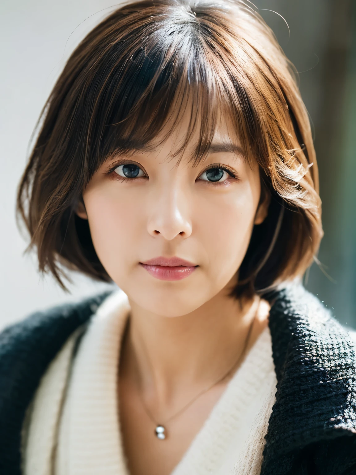 ((masutepiece,top-quality)), (photographrealistic:1.4),((masutepiece,8K))、white wall、(white room)、((full body photo))、shot in natural light、Highly detailed face and skin texture、highly detailed lips、correct state of the human body、Super high resolution、(Photoreal:1.4)、top quality, 1 beautiful woman, 38 years old, s, 150mm lens、Light yellow Knit、(Dark brown medium shorthair)、Japanese woman、(dark brown hair)、Versatile poses、looking at the camera、natural color lip、Winter clothes、 necklace、屋内