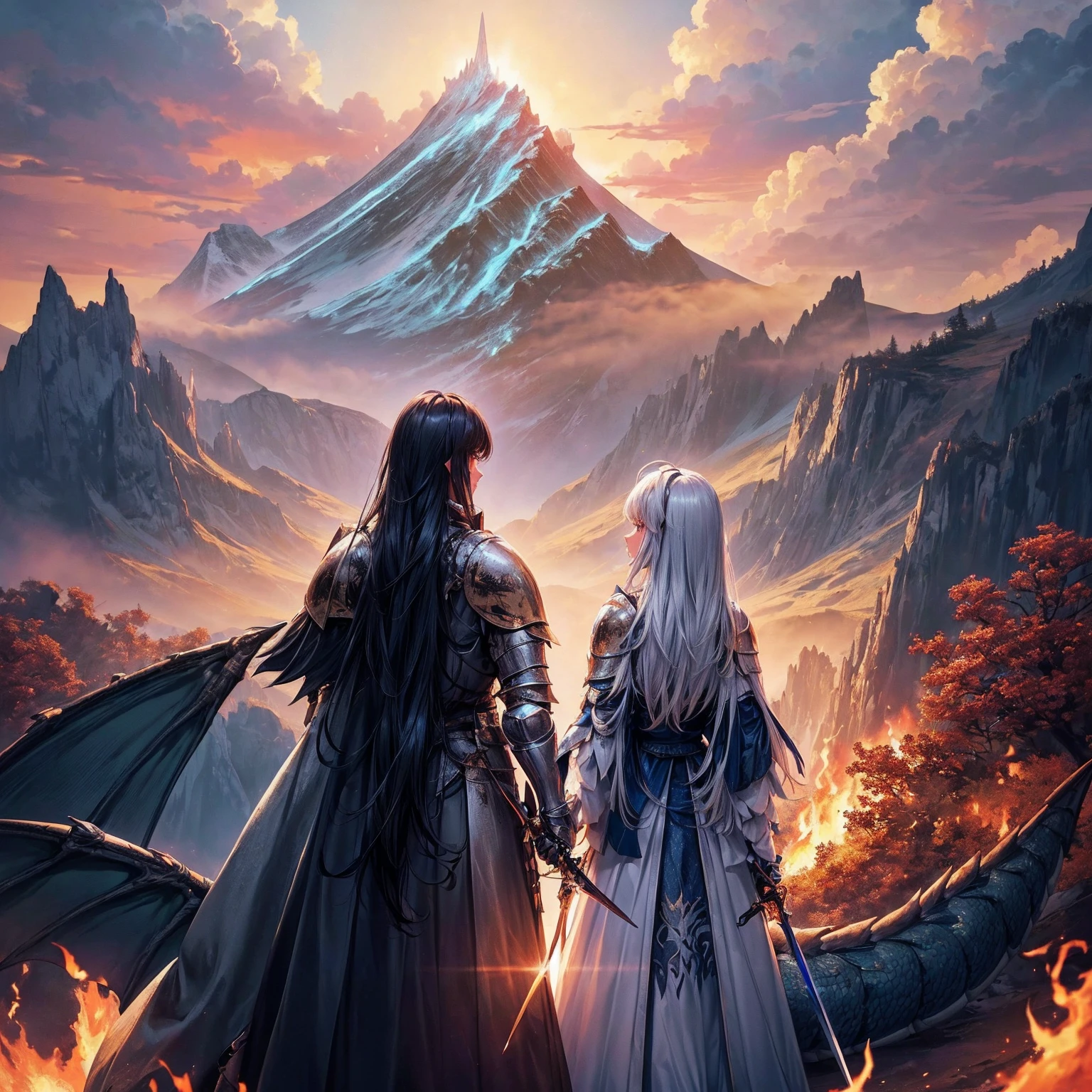 masterpiece,8k,best quality,ultra detailed,ultra highres, (((1 short haired male knight and 1 long haired female knight are looking at a dragon in the distance while holding each other's shoulders))), (((Equip the shinning sword))), (((eye contact))), break, (((full body shot:0.6))), blonde hair,blue eye, straight hair, (flame:1.4), (Burning-Edge:1.4), (sunrise), (((Majestic mountain range in the distance))), ((((from behind)))