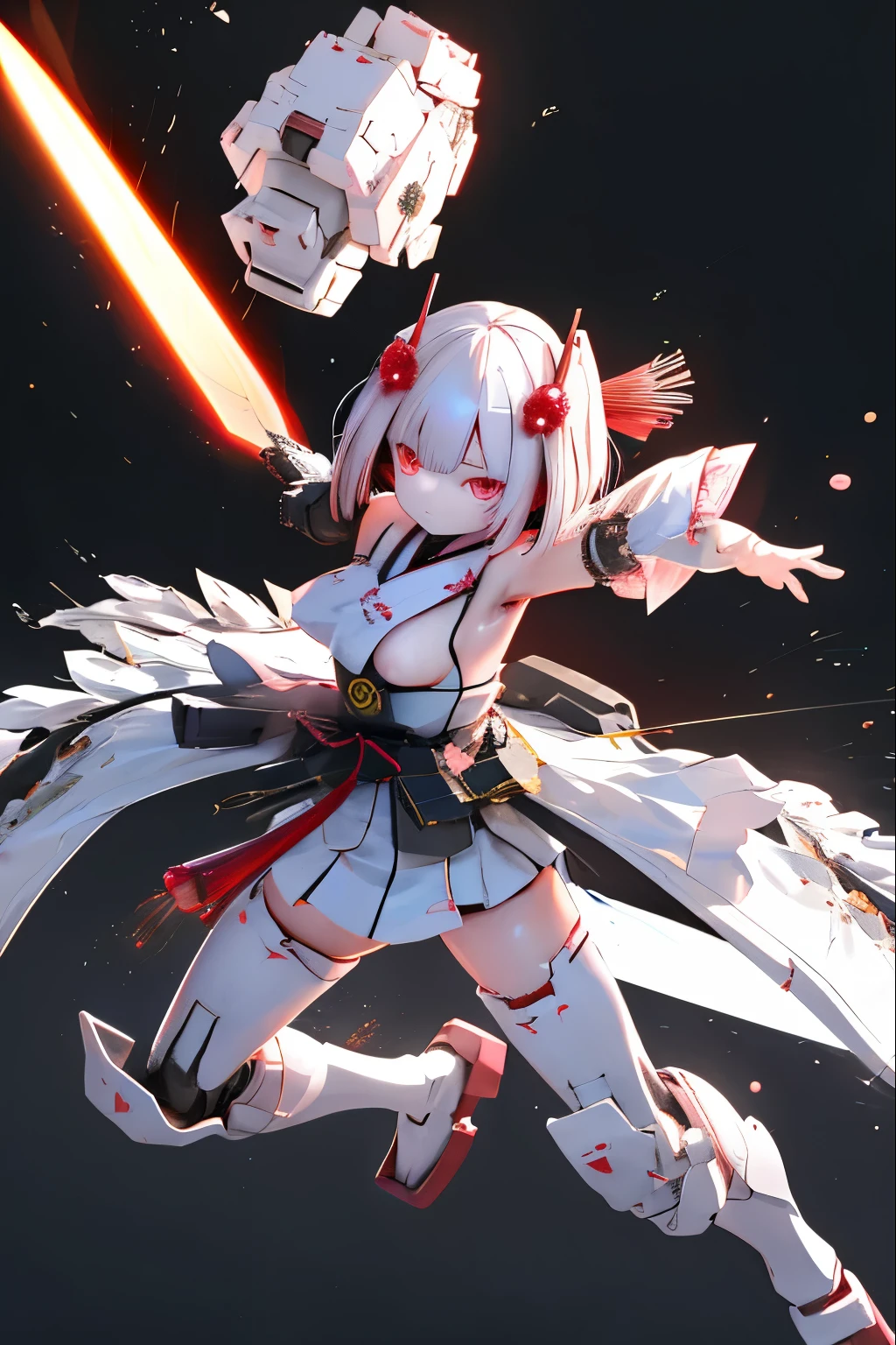(highest quality)), ((masterpiece)), (very detailed: 1.3), 3D, {(japanese young girl)}, white theme, (ware a scarlet hakama:1.2), wear shrine maiden anime costume, wears a futuristic Gundam mecha,(Gundam), with headgear, with v-fin , armored shoulders,armored under arms, armored under legs, (holding a Japanese sword in the right hand:1.2), multilayer textureperfect proportions, octane rendering, duotone lighting, Low ISO, wide aperture, White balance, Rule of thirds, ultra HD16k, HDR (High Dynamic Range), Ray Tracing, NVIDIA RTX, Super Resolution, Subsurface Scattering, PBR Texturing, Post Processing, Anisotropic Filtering, Depth of Field, Maximum Clarity and Clarity, High efficiency subpixel, subpixel convolution, particles of light, light scattered, Tyndall effect, full body:1.5, battle pose, cute, (cute:1.2), (bob cut:1.3),三つ編み, 黒髪, 太い眉毛, 薄い色の虹彩, 大きくて輝いている黒い瞳, 長いまつげ, 小さく薄い色の自然な唇, (Average face of Japanese idols), (日本人特有の童顔:1.3), (baby face), 広いおでこ:1.2, ふっくらした頬, 小さな顎, visible side boob, broken streets, Broken City,looking at viewer,Focus on the eyes