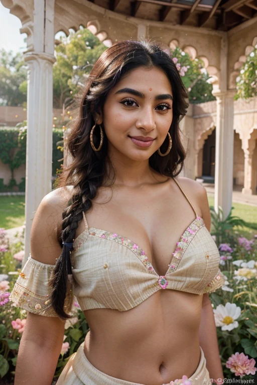 #prompt生成:(best quality,4k,8k,highres,masterpiece:1.2),ultra-detailed,(realistic,photorealistic,photo-realistic:1.37),Indian,Punjabi,beautiful detailed eyes,beautiful detailed lips,curly black hair,fair skin,two long braids,hourglass figure,traditional Punjabi attire,golden embroidery,opulent jewelry,sparkling nose ring,expressive eyebrows,flushed cheeks,luxuriant lashes,punjabi girl in a blooming garden with vibrant flowers,playful expression,daylight illuminating her face,soft pastel color palette,hints of pink and orange,elegant posture,engaged in a graceful dance,flower petals swirling around her,blissful smile illuminating her face.