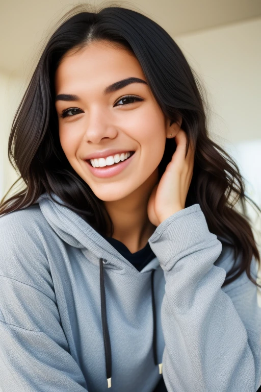 A young woman with a laid-back style, wearing jeans and a hoodie, her naturally curly black hair framing her face, paired with soulful brown eyes and expressive eyebrows, laughing, masterpiece, best quality, photo \(medium\)