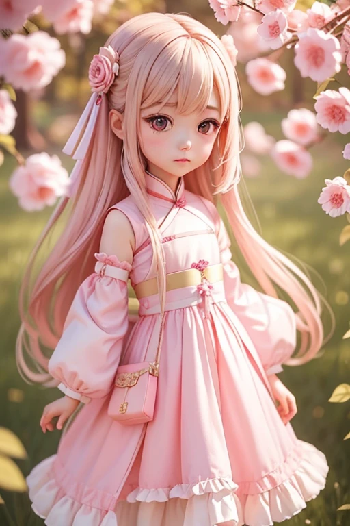 with a girl, 、amber, , medium pastel silk、pink white dress, luxury fabric、hanfu dress