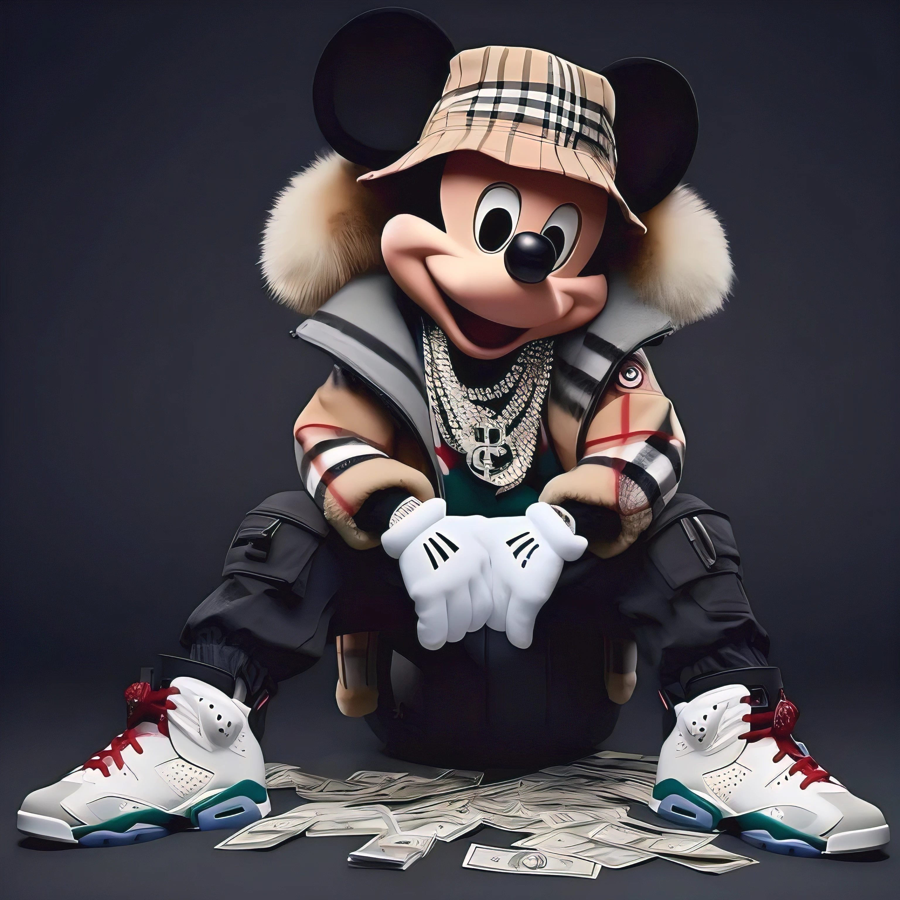 Mickey Mouse assis sur un tas d&#39;argent avec un chapeau dessus, Mickey Mouse, Rendu Disney, Portrait de Mickey Mouse, ( ( ( Mickey Mouse ) ) ), Personnage de Disney, Personnage emblématique très détaillé, Conseil gangster anthropomorphe, fourrure stylisée Disney, souris anthropomorphe, Tête de Mickey Mouse contrefaite, hypebeast, par Disney, Rendu hyper réel, Rendu promotionnel