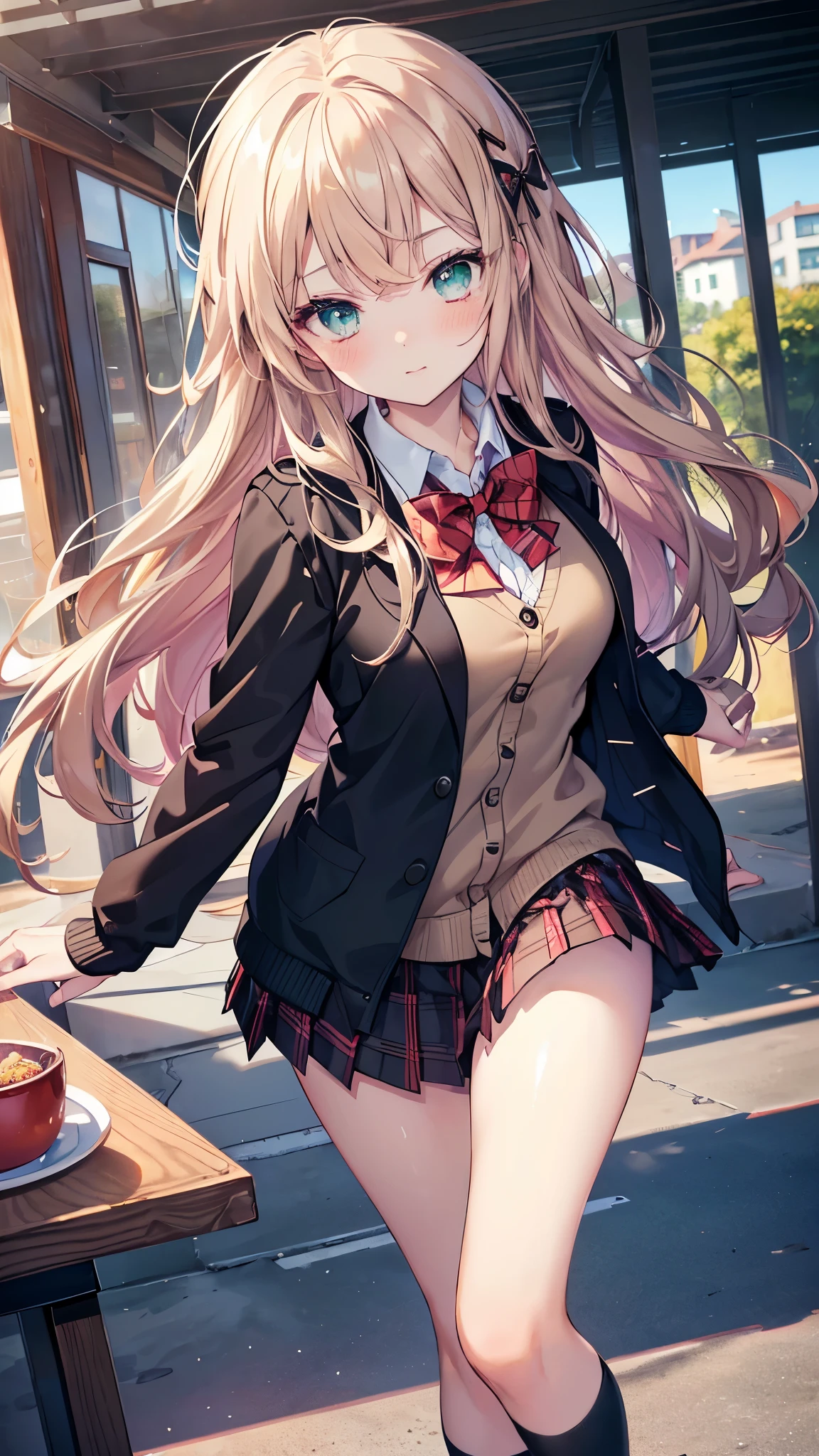 ((table top, highest quality, High resolution, nffsw, perfect pixel, Depth of bounds written, 4K, nffsw, nffsw))), 1 girl, single, alone, beautiful anime girl, beautiful art style, anime character, ((long hair, bangs, dark brown hair, curly hair:0.8)), ((green eyes:1.4, fine eyes, beautiful eyes, perfect eyes,curled eyelashes, realistic eyes)), ((detailed face, blush:1.2)), ((smooth texture:0.75, realistic texture:0.5, Anime CG style)), medium breasts, dynamic angle, Big breasts, perfect body, dynamic pose, ((red bow tie, school uniform, black jacket, open jacket, Brown cardigan, white shirt, black skirt, plaid skirt)), smile, open your mouth, turn your arms behind your back, leaning forward, Amulment Park, ((close, throw, cute, Shoot in the face))