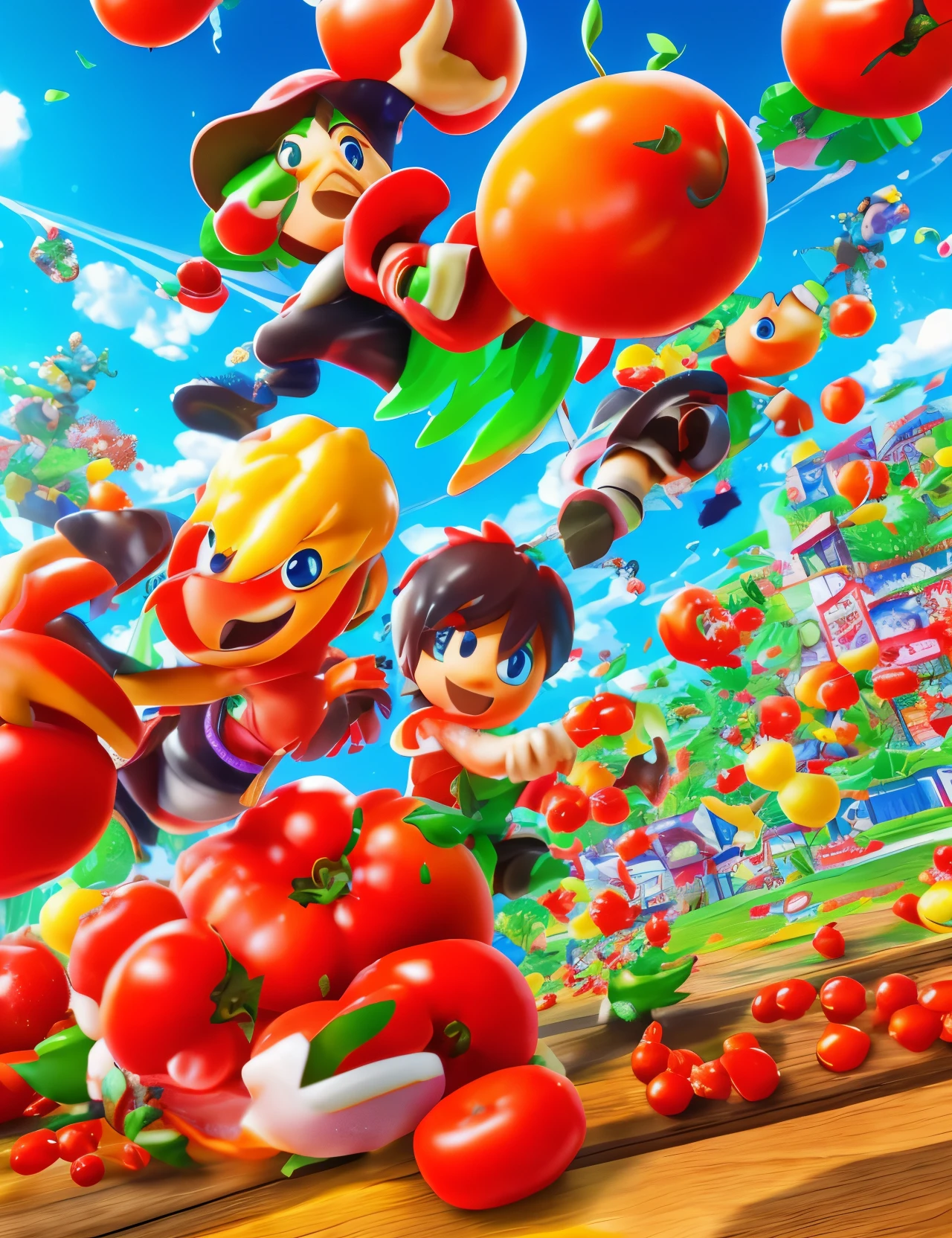 High-definition, ultra-detailed, beautiful digital art depicting a tomato festival with a Splatoon-style illustration of two characters tossing tomatoes, featuring anime character aesthetics, and rendered in 4K graphics.