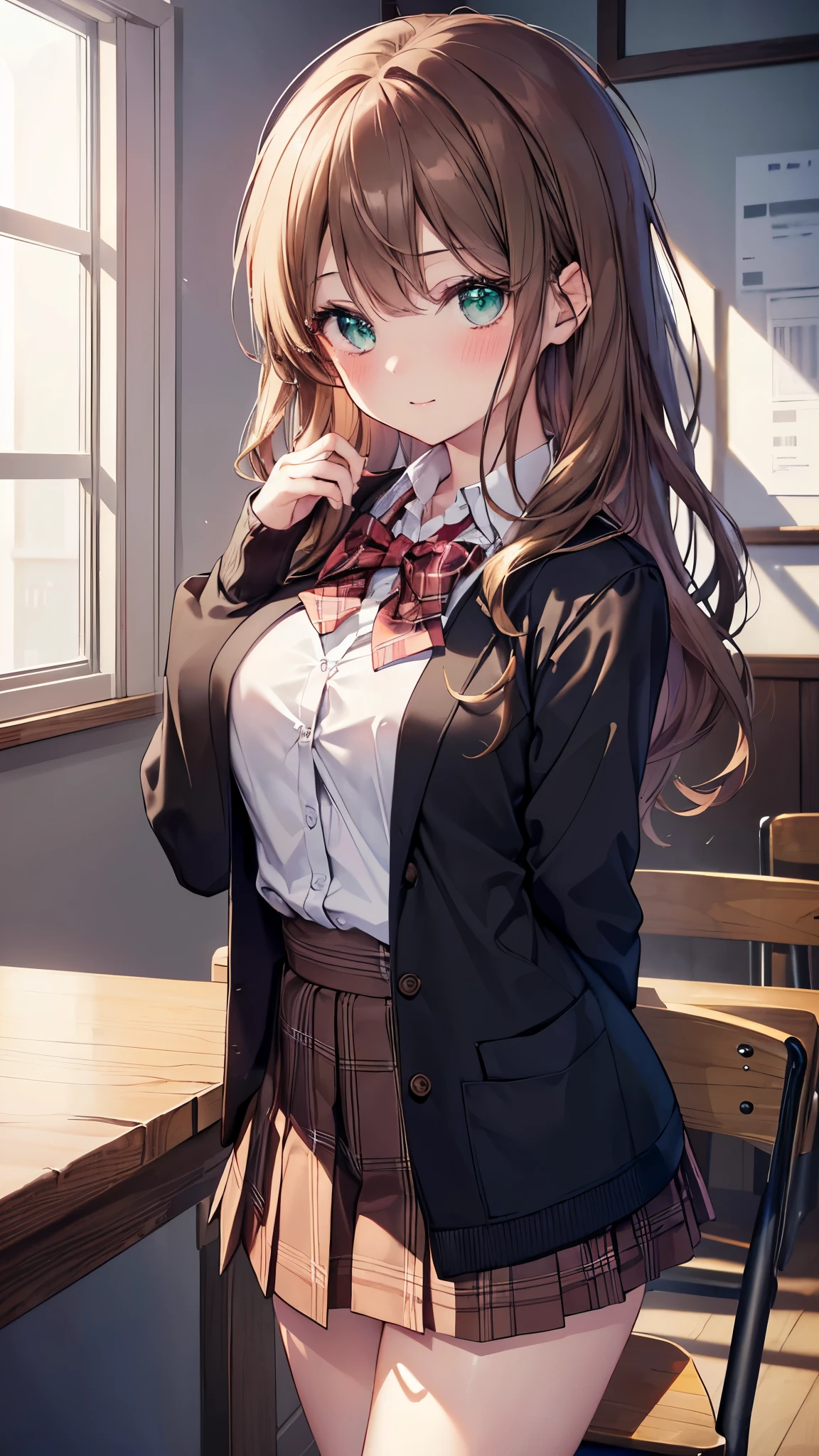 ((table top, highest quality, High resolution, nffsw, perfect pixel, Depth of bounds written, 4K, nffsw, nffsw))), 1 girl, single, alone, beautiful anime girl, beautiful art style, anime character, ((long hair, bangs, dark brown hair, curly hair:0.8)), ((green eyes:1.4, fine eyes, beautiful eyes, perfect eyes,curled eyelashes, realistic eyes)), ((detailed face, blush:1.2)), ((smooth texture:0.75, realistic texture:0.5, Anime CG style)), medium breasts, dynamic angle, Big breasts, perfect body, dynamic pose, ((red bow tie, school uniform, black jacket, open jacket, Brown cardigan, white shirt, black skirt, plaid skirt)), smile, open your mouth, turn your arms behind your back, leaning forward, Amulment Park, ((close, throw, cute, Shoot in the face))