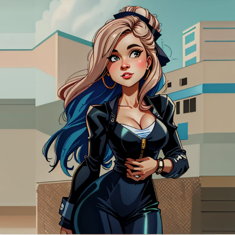 There's a woman standing in front of a factory, imagem de qualidade muito baixa, arte digital picture, arte digital. @mariomaniacdude, looks like fabiula nascimento, [ arte digital ]!!, inspired by Maria Helena Vieira da Silva, 3 0 anos mulher, painitng digital, arte digital but photo, pintado digitalmente