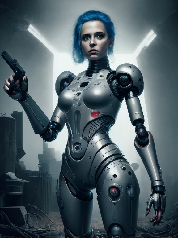 Portrait of a cyborg girl with 25-year-old appearance, mascara metalica em um dos olhos, Linda, robotical, detalhada, very short braided blue hair, bent arm pointing a pistol at the camera, Suas pernas são roboticals com aparência de fibra de carbono, There's a deep round hole in the robotic shoulder, pernas de metal em fibra de carbono, buraco fundo redondo na coxa, hole runs through the abdomen, robotic feet, Half of the face is robotic and one of the eyes is a red LED lit, rosto machucado, sangue cor prata, estilo exterminadora do futuro, Linda cara perfeita petit , olhar sensual, serious, standing, corpo sujo; em sala fechada, ultra realista, (Corredor livre, Branco, fundo e longo, luz clara e mal-humorada: 1.2), (foto de corpo inteiro), You are in the center of a hyper-futuristic city destroyed by the apocalypse, skyline with many abandoned concrete buildings, gray sky.