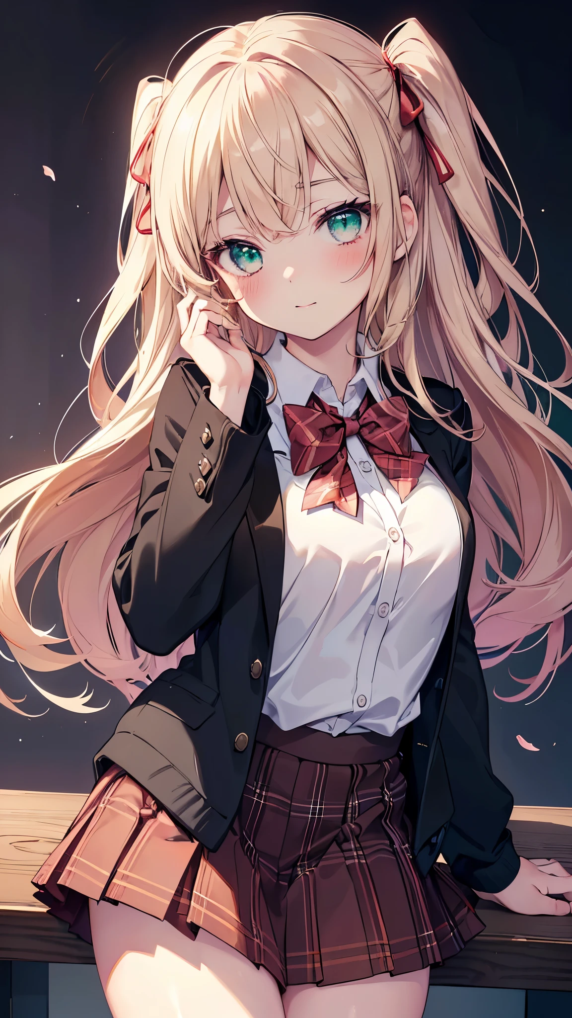 ((table top, highest quality, High resolution, nffsw, perfect pixel, Depth of bounds written, 4K, nffsw, nffsw))), 1 girl, single, alone, beautiful anime girl, beautiful art style, anime character, ((long hair, bangs, dark brown hair, curly hair:0.8)), ((green eyes:1.4, fine eyes, beautiful eyes, perfect eyes,curled eyelashes, realistic eyes)), ((detailed face, blush:1.2)), ((smooth texture:0.75, realistic texture:0.5, Anime CG style)), medium breasts, dynamic angle, Big breasts, perfect body, dynamic pose, ((red bow tie, school uniform, black jacket, open jacket, Brown cardigan, white shirt, black skirt, plaid skirt)), smile, open your mouth, turn your arms behind your back, leaning forward, Amulment Park, ((close, throw, cute, Shoot in the face))