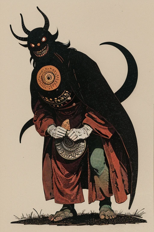 monster, ((jumpscare)), Outline warm color, ((festival)), ((Chojugiga)), ((Shihon Bokuga)), antique, (anthropomorphism), (Sumi-e), Monochrome art, (Old paper style illustration), (hunting paintingural style, Little monster, old performance, variational pointillism, flat illustration, eerie, (horror elements), eerie worldview, (primitive art), Outline warm color, old picture scroll style, old staging, Ancient mural style