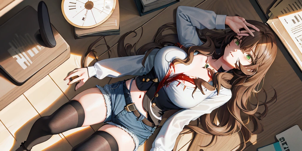 (Lie on the ground), Lisa, genshin impact, 1 girl, alone, ((white shirt)), black Thighhighs, big breasts, cleavage, uniform, ((Killed)), ((From above)), (cinematic lighting), (Put your arms on the ground), (Bloody ground), dutch angle, ((Bloody ground)), ((Bloody Body)), ((rape face)), (((horror))), office background, denim shorts, office, hair between eyes, messy hair, large chest, long hair, brown hair, red short nails, green eyes, alone, Thighhighs, thick thighs, very long hair, ((masterpiece)), classroom, machine, Chair, board, class board, slender woman, adult women