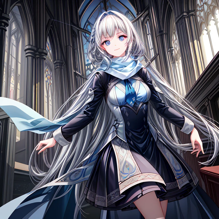 church,a girl,platinum long hair,Blue pupils,scarf,Split Sister Dress,Smile,Half open eyes,beautiful skin,glowing skin,Big breasts,moody lighting,sunny,8k,Ultra-detailed,masterpiece