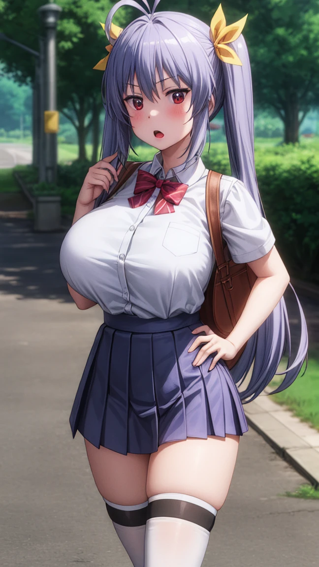 large breasts (weight: 1.5), wearing a short skirt (weight: 1.5) , masterpiece, ((ultra detailed background, delicate pattern, intricate detail)), (highly detailed, fine details), best quality, beautiful lighting, ((huge breasts, slim girl)), 

miyauchi_renge_nonnonbiyori, purple_hair, red_eyes, long_hair, twintails, ribbon, hair_ribbon, blush, antenna_hair, yellow_ribbon, hair_between_eyes,

1 girl, 20yo,YOUNG female, Beautiful Finger, Beautiful long legs ,Beautiful body ,Beautiful Nose ,Beautiful character design, perfect eyes, perfect face,(Beautiful,Huge_Breasts:1.3)

an anime/cartoon character wearing a girls school uniform walking upright with straight posture and an open mouth, 1girl, solo, thigh-highs, ブレザー burezaa (Blazer), ahoge, long hair, white thighhighackground, hand on hip, full body, bow, school uniform, looking at viewer, bowtie, shoes, loafers, ribbon, (very short skirt:1.4),

official art, extremely detailed CG unity 8k wallpaper, perfect lighting,Colorful, Bright_Front_face_Lightinasterpiece:1.0),(best_quality:1.0), ultra high res,4K,ultra-detailed,
photography, 8K, HDR, highres, absurdres:1.2, Kodak portra 400, film grain, blurry background, bokeh:1.2, lens flare, (vibrant_color:1.2)
, (beautiful_face:1.5),(narrow_waist), (Beautiful,Huge_Breasts:1.3)