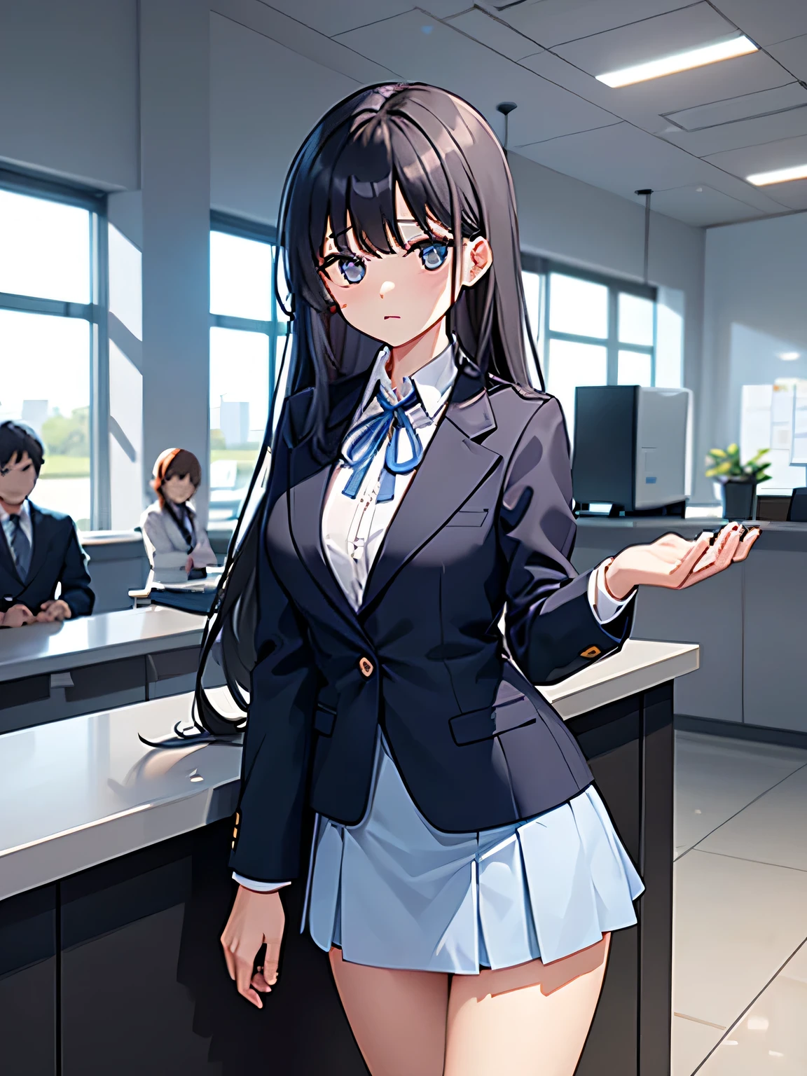 (1) A woman is waiting at the company's reception counter.. (There was only one woman at the reception counter..)
(2) The woman is wearing a light blue blazer and a light blue skirt. she wears a ribbon around her neck. (Blazer buttons must be closed.)
(3) she has long black hair.
(4) her expression is cold and cold.
(5) The location is the company's reception counter..
