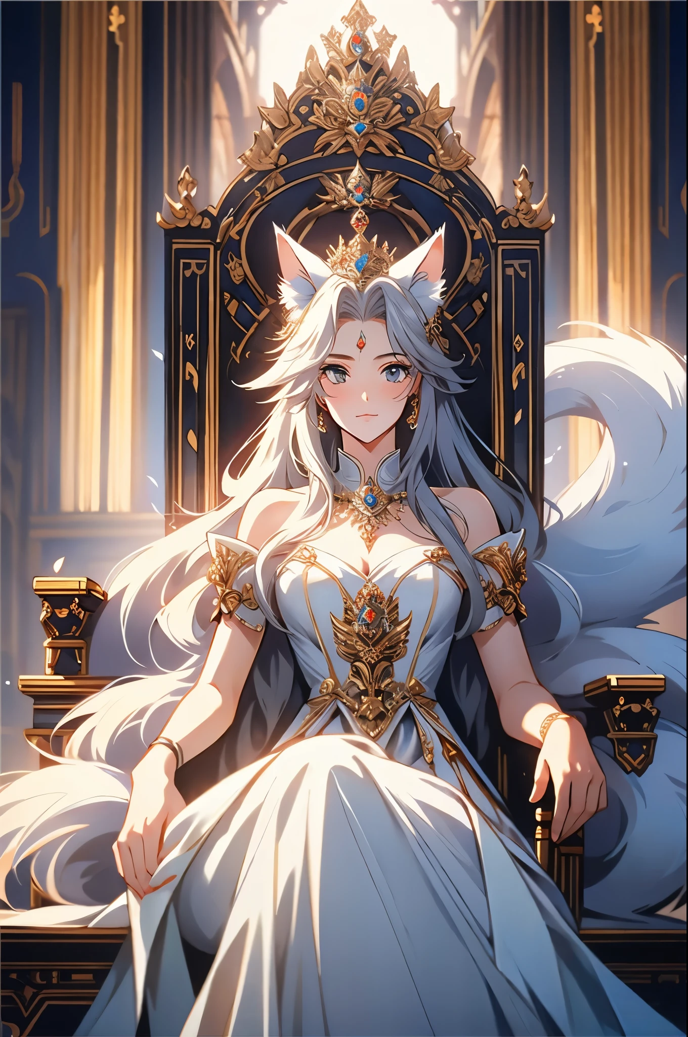 (masterpiece), (best quality), 1girl, sexy, girl with fox ears, queen, crown, sitting on a throne, ancient castle, white hair, nine-tail