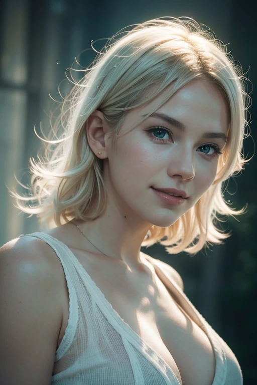 smiling woman、big breasts、short blonde hair、pure white skin、albino、19 year old female、Foxy European Woman, gradient hair, Gorgeous clothes, , snowflake, natural skin texture, 4K texture, soft movie-like light, photo lab, Complex, elegant, very detailed, sharp focus, ((((cinematic look)))), pleasant tone, Complex details, low contrast, soft movie-like light, exposure blend, HDR, faded, very detailed, Backlight, cowboy shot, 85mm, close, shine, Awards, highest quality, 4K