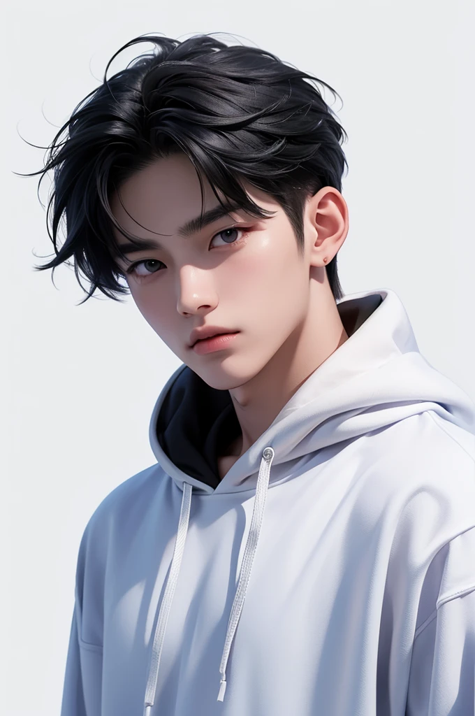 4K works))、masterpiece、(top-quality)、white background, korean male, asian man, 20 years old, wearing hoodie, 1boy, black eyes, black hair, white shirt, cuteboy, ultra high realistic, ultra high quality, bad boy