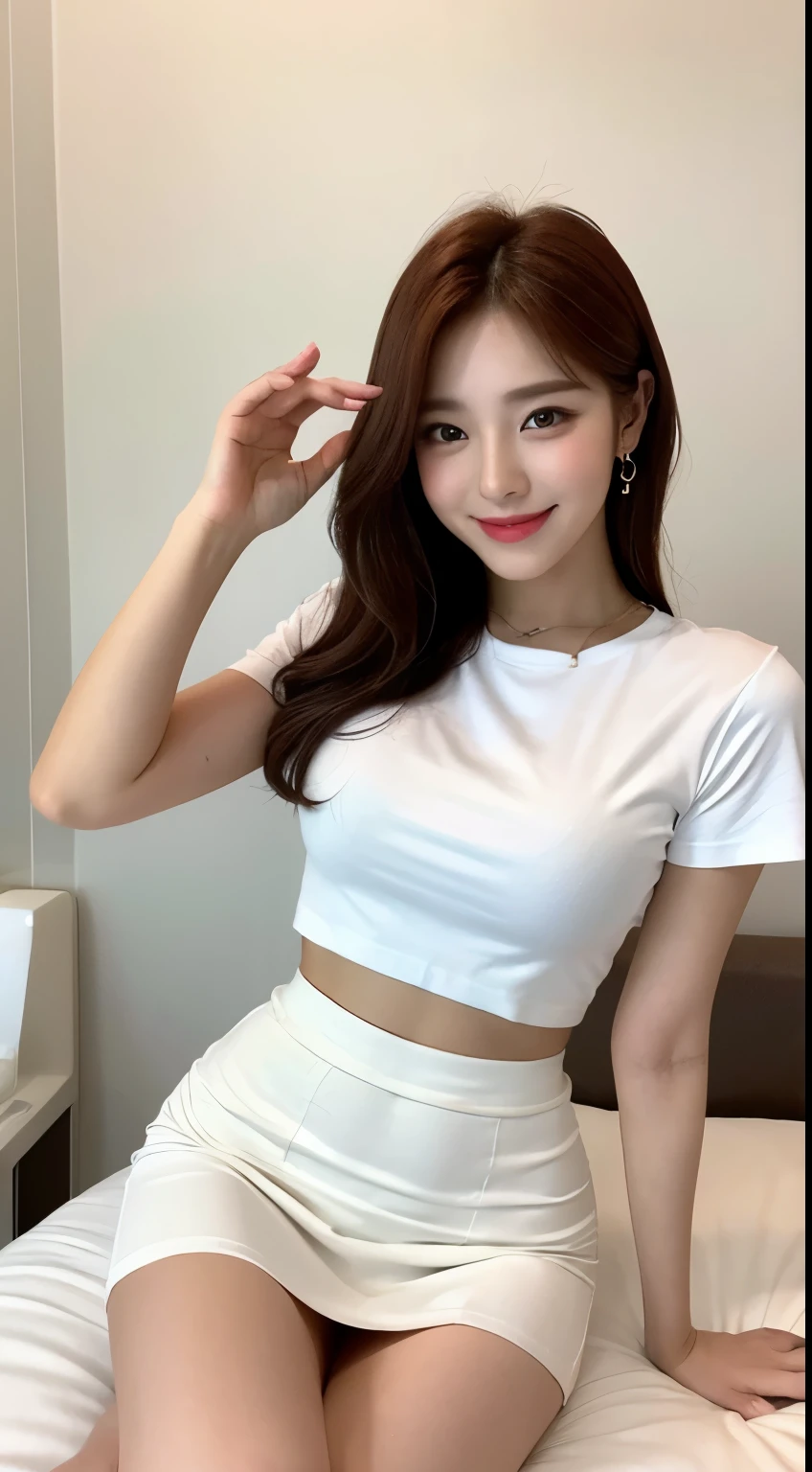 White tight shirt、White tight mini skirt、bed、smile、short sleeve、high resolution、Hallyu Idol Face