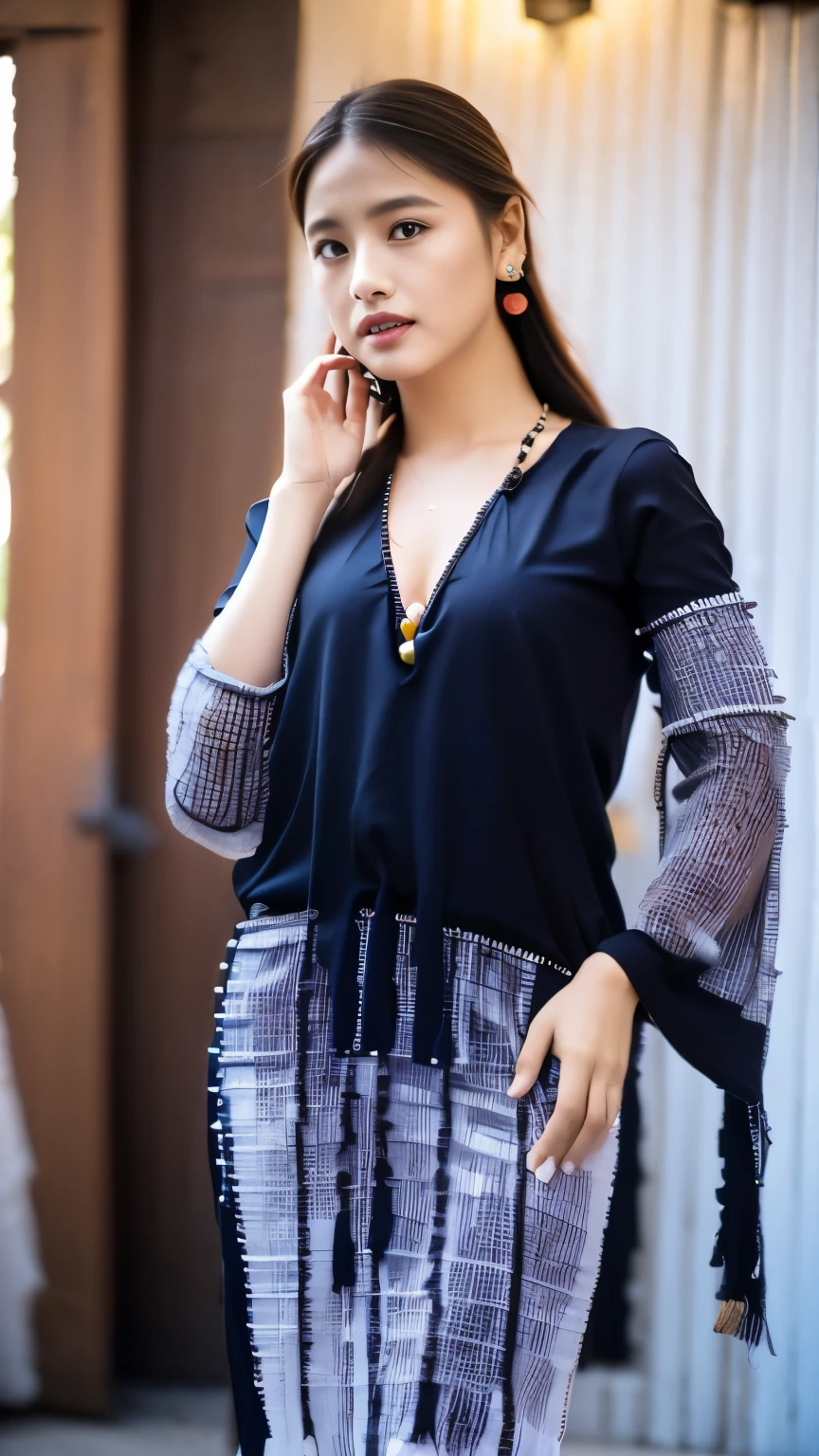 A Full-length, photorealistic portrait of a young Karen woman adorned in traditional attire. Wearing a wraparound skirt made of handwoven cotton, typically reaching the ankles. Red and white feature colorful patterns and stripes. 
 Fabric and Design:
Made from lightweight, breathable fabrics like cotton often in vibrant colors and intricate patterns.
The blouses feature intricate embroidery along the neckline, sleeves, and hem, showcasing skilled needlework.

Shape and Style:
Loose-fitting and comfortable,
Typically has a V-neckline reaching the collarbone and short sleeves straight, slightly puffed and gathered.
Some styles have a slight gathering or pleating at the waist, creating a flattering silhouette.

Embellishments and Accessories:
Often adorned with (((smal beads along the neckline and sleeves:1.5))).((features delicate embroidery or trim.)), wearing Silver jewelry, such as necklaces and bracelets, . Wearing a long scarf worn around the shoulders or draped over one arm. It can be made hand-woven barkcloth, and often features vibrant colors and geometric patterns.
Lighting: Warm, natural light illuminating the woman's radiant skin and highlighting the intricate details of her costume and accessories.
Technical Specifications:
Resolution: 4K
Lens: Slight shallow depth of field for a cinematic effect
Color Grading: Subtle warm tones to enhance the natural beauty of the scene and subject