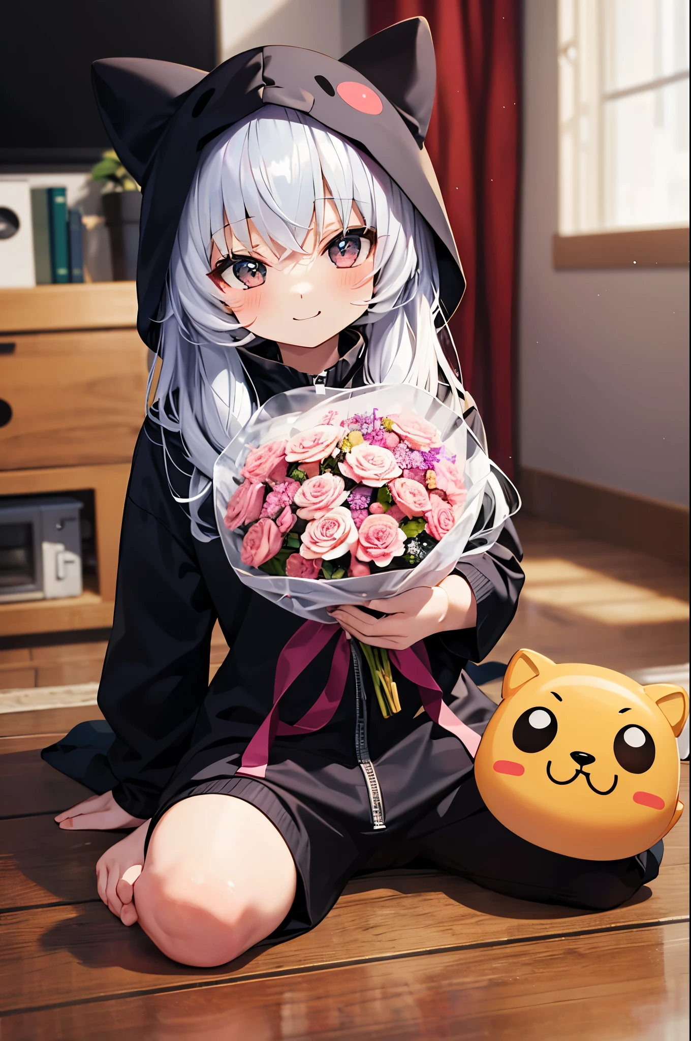 (Chibi:1.3), happy, (holding a bouquet), full body, (Kigurumi), indoors, on the table, (Nendoroid:1.1),