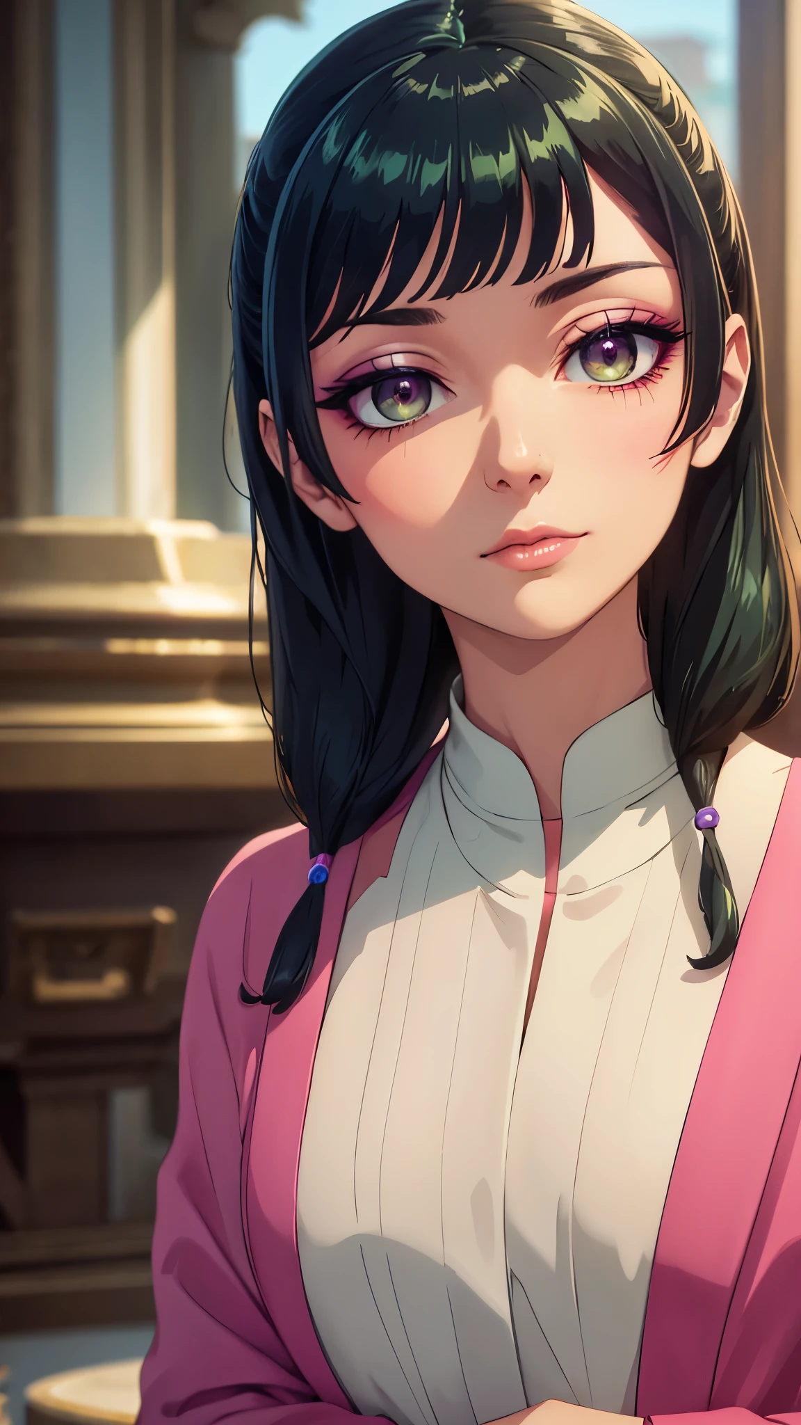 Close-up face, woman 1, upper body, Fashionable gold high neck blouse,((Eye shadow, blush, green makeup on the eyelids, long eyelashes)), background in a public place,highly detailed CG, unit, 8K wallpapers, highest quality, high resolution, beautiful lighting, realistic shadow,detailed face Highly,detailed eyes Highly,detailed hair Highly