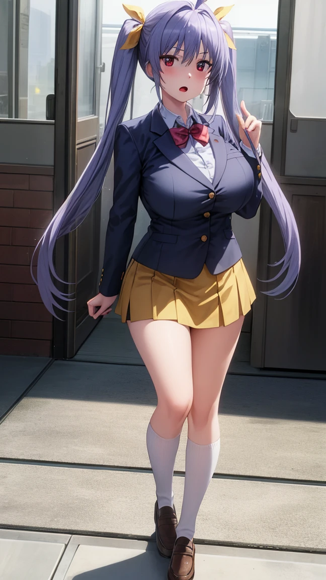 large breasts (weight: 1.5), wearing a short skirt (weight: 1.5) , masterpiece, ((ultra detailed background, delicate pattern, intricate detail)), (highly detailed, fine details), best quality, beautiful lighting, ((huge breasts, slim girl)), 

miyauchi_renge_nonnonbiyori, purple_hair, red_eyes, long_hair, twintails, ribbon, hair_ribbon, blush, antenna_hair, yellow_ribbon, hair_between_eyes,

1 girl, 20yo,YOUNG female, Beautiful Finger, Beautiful long legs ,Beautiful body ,Beautiful Nose ,Beautiful character design, perfect eyes, perfect face,(Beautiful,Huge_Breasts:1.3)

an anime/cartoon character wearing a girls school uniform walking upright with straight posture and an open mouth, 1girl, solo, thigh-highs, ブレザー burezaa (Blazer), ahoge, long hair, white thighhighackground, hand on hip, full body, bow, school uniform, looking at viewer, bowtie, shoes, loafers, ribbon, (very short skirt:1.4),

official art, extremely detailed CG unity 8k wallpaper, perfect lighting,Colorful, Bright_Front_face_Lightinasterpiece:1.0),(best_quality:1.0), ultra high res,4K,ultra-detailed,
photography, 8K, HDR, highres, absurdres:1.2, Kodak portra 400, film grain, blurry background, bokeh:1.2, lens flare, (vibrant_color:1.2)
, (beautiful_face:1.5),(narrow_waist), (Beautiful,Huge_Breasts:1.3)