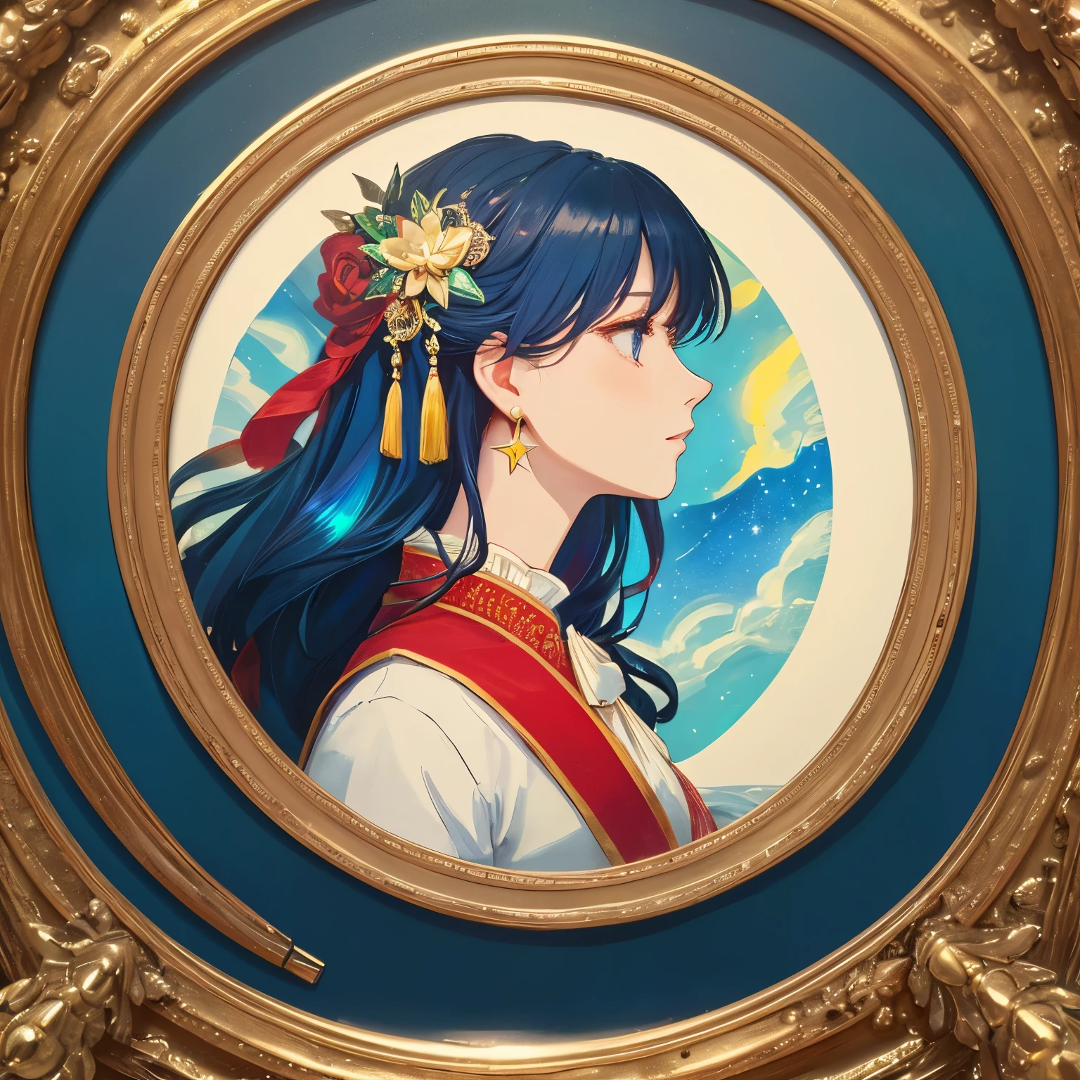 1 lady、(masterpiece、highest quality、highest quality、beautiful and aesthetic:1.2)、(fractal art:1.3)、round picture frame、rainbow colored hair、Shining jewelry hair ornament、detailed jewelry、Based on the concept of an elegant woman、complementary color, 逸脱のmasterpiece、profile、gorgeous、shorten the neck、starry sky、painting