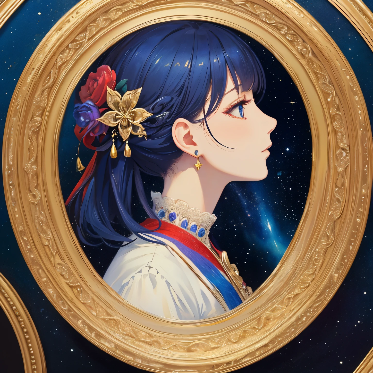 1 lady、(masterpiece、highest quality、highest quality、beautiful and aesthetic:1.2)、(fractal art:1.3)、round picture frame、rainbow colored hair、Shining jewelry hair ornament、detailed jewelry、Based on the concept of an elegant woman、complementary color, 逸脱のmasterpiece、profile、gorgeous、shorten the neck、starry sky、painting