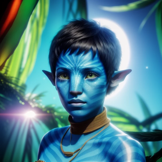 avtr:1.1, avatar style, portrait:1.6, 1girl, female, (blue skin tone:1.0), (short hair:1.0), pixie cut hairstyle, dark brown hair color, 18 years old:1, face wrinkles, wearing tribal clothing, wearing a top, detailed eyes, toned body, muscled body, vibrant colors, glowing, ethereal atmosphere, surrealistic dreamy lighting, textured skin, otherworldly beauty, mesmerizing photography, (best quality, highres), vivid colors, ultrarealistic, skin details, striped skin, sfw, face close-up:0.5, ultradetailed body