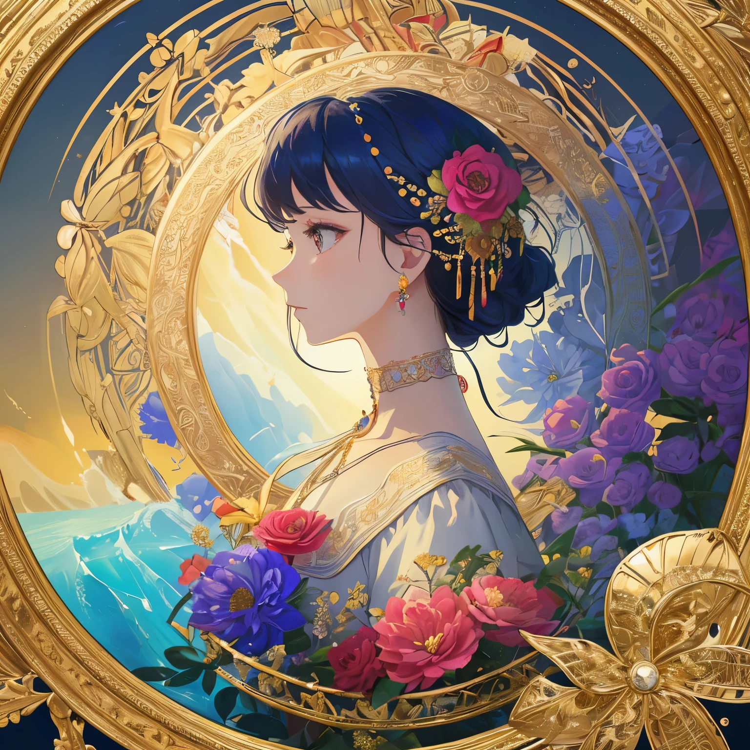 1 lady、(masterpiece、highest quality、highest quality、beautiful and aesthetic:1.2)、(fractal art:1.3)、round picture frame、rainbow colored hair、Shining jewelry hair ornament、petal、Detailed flowers、detailed jewelry、Geometric pattern、Based on the concept of an elegant woman、complementary color, 逸脱のmasterpiece、profile、gorgeous、shorten the neck、utopia