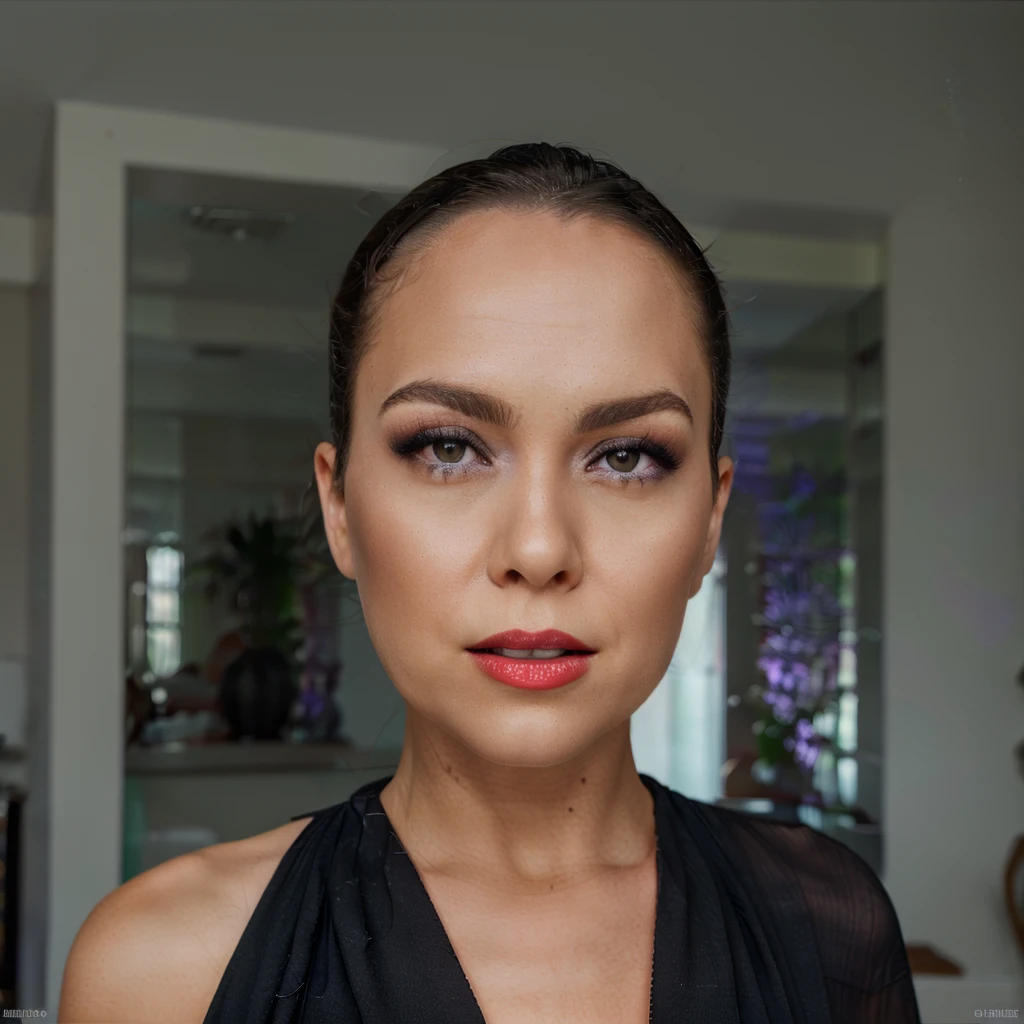 A beautiful woman with jorbria and angel wings, stands in a backlit scene against a black background. She is wearing a stunning black dress, her eyes are blue like a gem, green beautiful eye's, shiny red lipstick, long pink and purple hair. Ultra realistic, 8 k high quality.