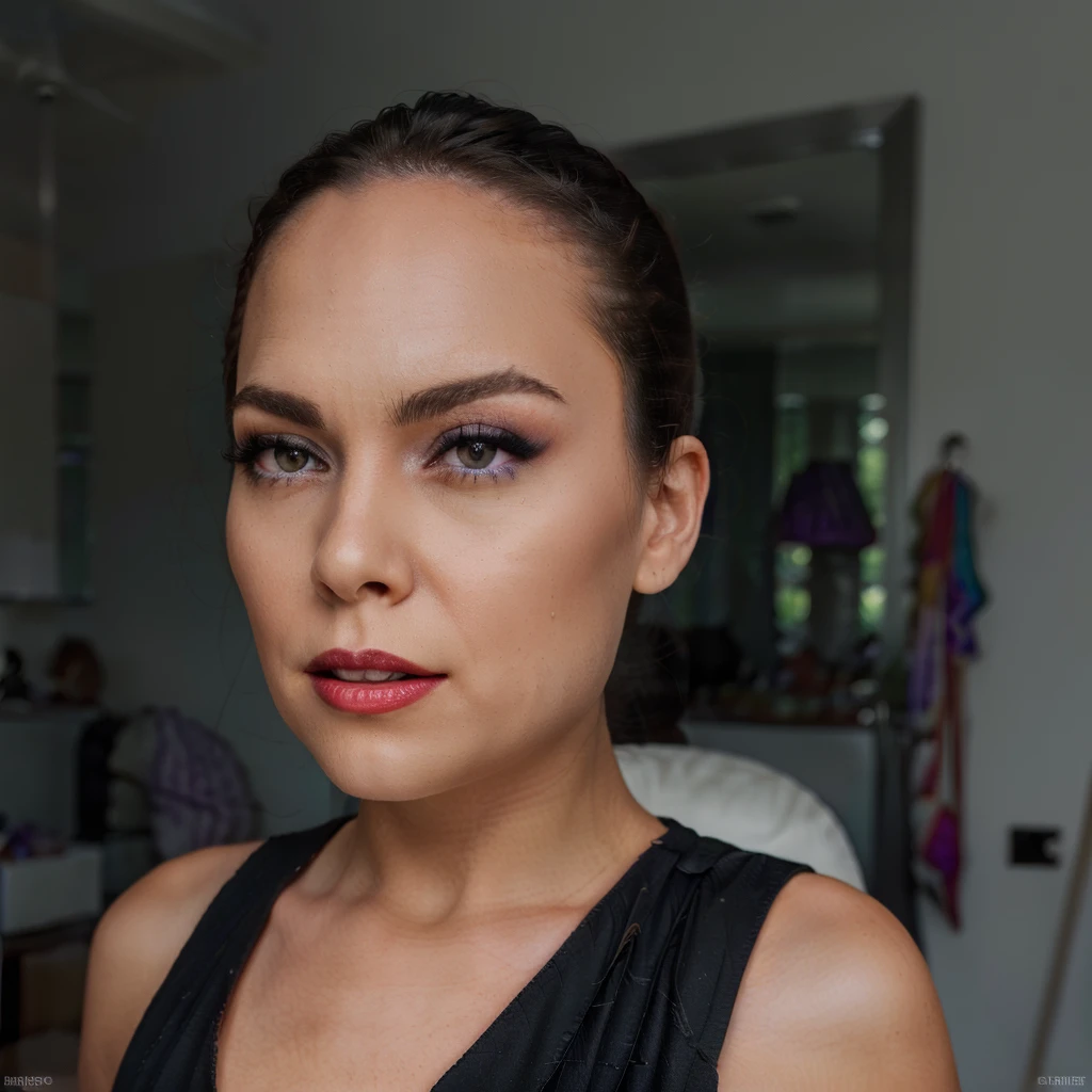 A beautiful woman with jorbria and angel wings, stands in a backlit scene against a black background. She is wearing a stunning black dress, her eyes are blue like a gem, green beautiful eye's, shiny red lipstick, long pink and purple hair. Ultra realistic, 8 k high quality.