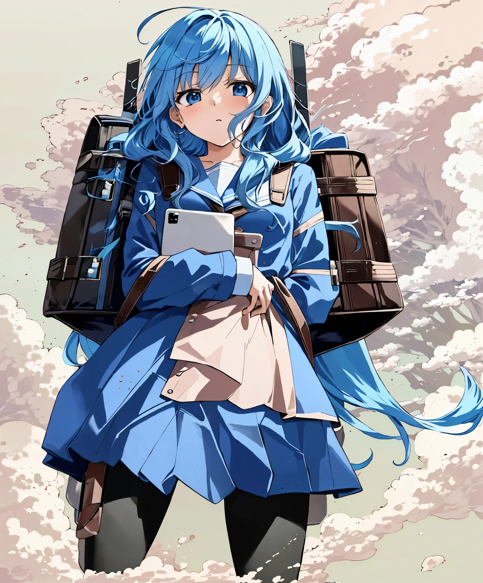 anime girl with blue hair and a backpack on her back, anime moe art style, young anime girl, beautiful anime high school girl, 2D anime style, (anime girl), Cute girl anime visual, High quality anime art style, anime girl with long hair, anime girl, an anime girl, anime style 4k, cute anime girl, eyes like jewels, hold the tablet in the right hand