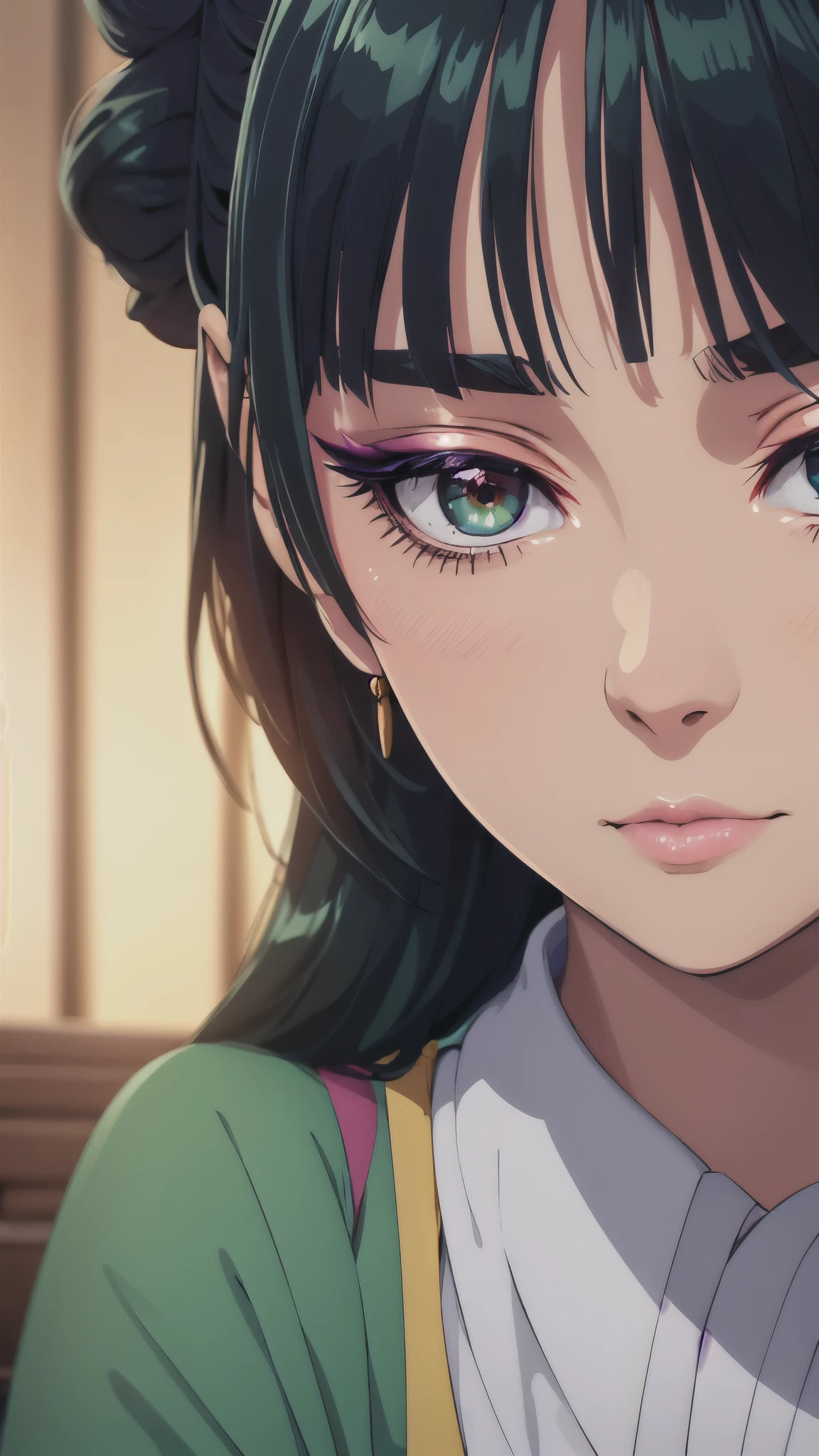 Close-up face, woman 1, upper body, Fashionable gold high neck blouse,((Eye shadow, blush, green makeup on the eyelids, long eyelashes)), background in a public place,highly detailed CG, unit, 8K wallpapers, highest quality, high resolution, beautiful lighting, realistic shadow,detailed face Highly,detailed eyes Highly,detailed hair Highly