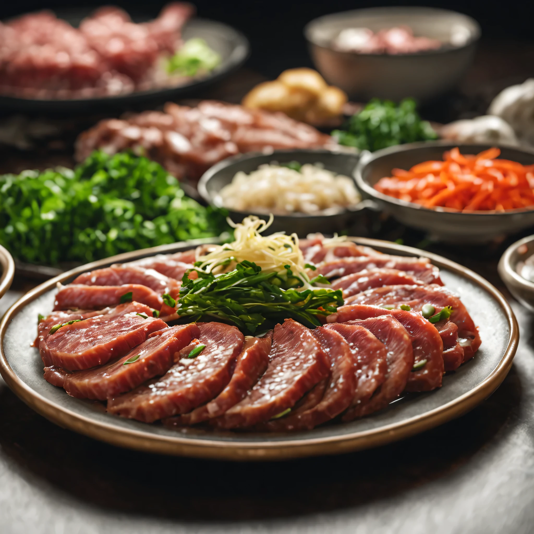 a plate of korean food, thin slices of meat, minced meat, greens, shallot, best quality, 4K, 8 thousand, mackerel, masterpiece, very detailed, realistic, PHOTOrealistic, PHOTO-realistic, hdr, studio lighting, Ultrafine painting, sharp focus, Physically Based Rendering, professional