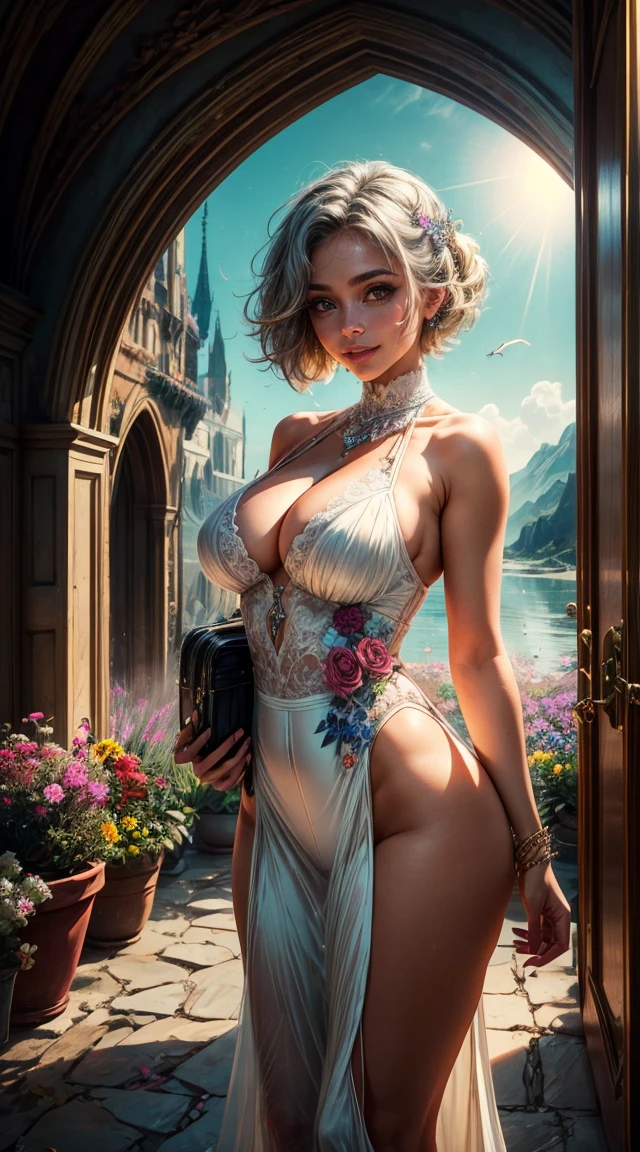 Tia is shown to have a fairly slender figure. She has white-grey hair , she has short hair and large pale green eyes, A young girl stands in the middle of a roof planted with various flowers and bright colors. The flowers appear to form a long path extending to the horizon. The girl is carrying a large suitcase, with a clear smile and a fresh look on her face. Behind her, multiple illuminated doors appear in various colors and open to parallel worlds.
The image reflects the spirit of adventure, curiosity and exploration, as it shows the girl preparing to discover new and unknown worlds. Bright flowers and bright colors add an atmosphere of magic and beauty to the scene. Gentle sunlight can be seen illuminating the place and creating an atmosphere of warmth and comfort., cleavage exposed, big breasts, superior quality, many details, Puri focus Sharp and realistic
