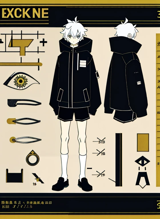 whole body,(infographic:1.2), boy, shorts, jacket with long sleeves and hood with ears, bored expression, fluffy short hair, burning bright eyes , Patent drawings, Physical Measurements, (the whole clothing configuration:1.15), (One), standing, connected background, (Character Sheet:1.2), (masterpiece), ((Best quality)), (ultra detailed), detailed information, flat colors, Colorful, (1other:1.1), Tachi-e,