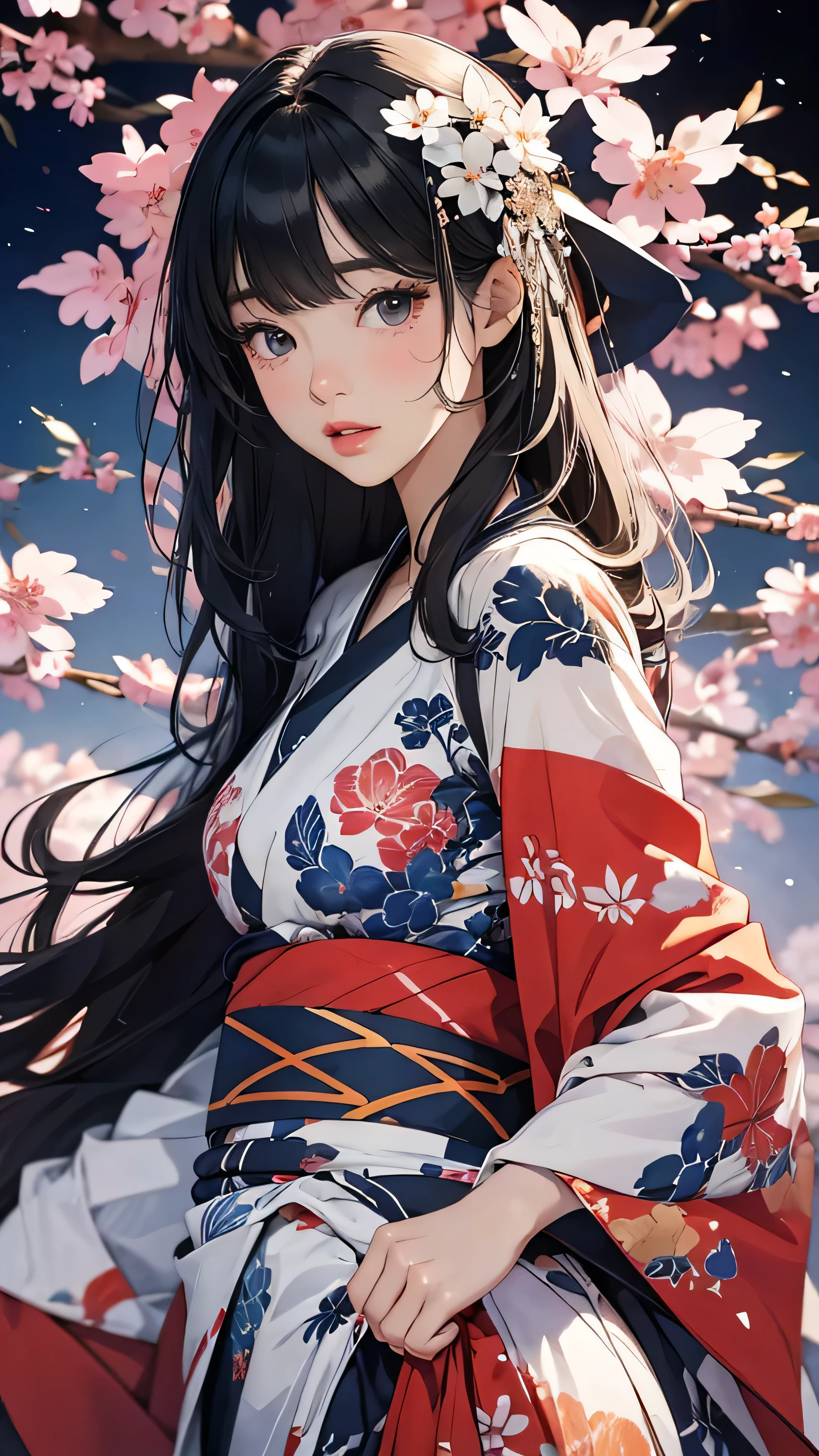 ((Highly detailed CG unit 8k wallpaper, masterpiece, High resolution, highest quality, highest qualityのリアルテクスチャスキン)), ((very beautiful woman, Nana Komatsu, Posing like a model:1.5, plump lips, Japanese pattern kimono)), (dirty black hair, white skin, small breasts), ((and the background of the handle, Colorful background with geometric patterns)), Sumi-e, surreal, digital painting, concept art,