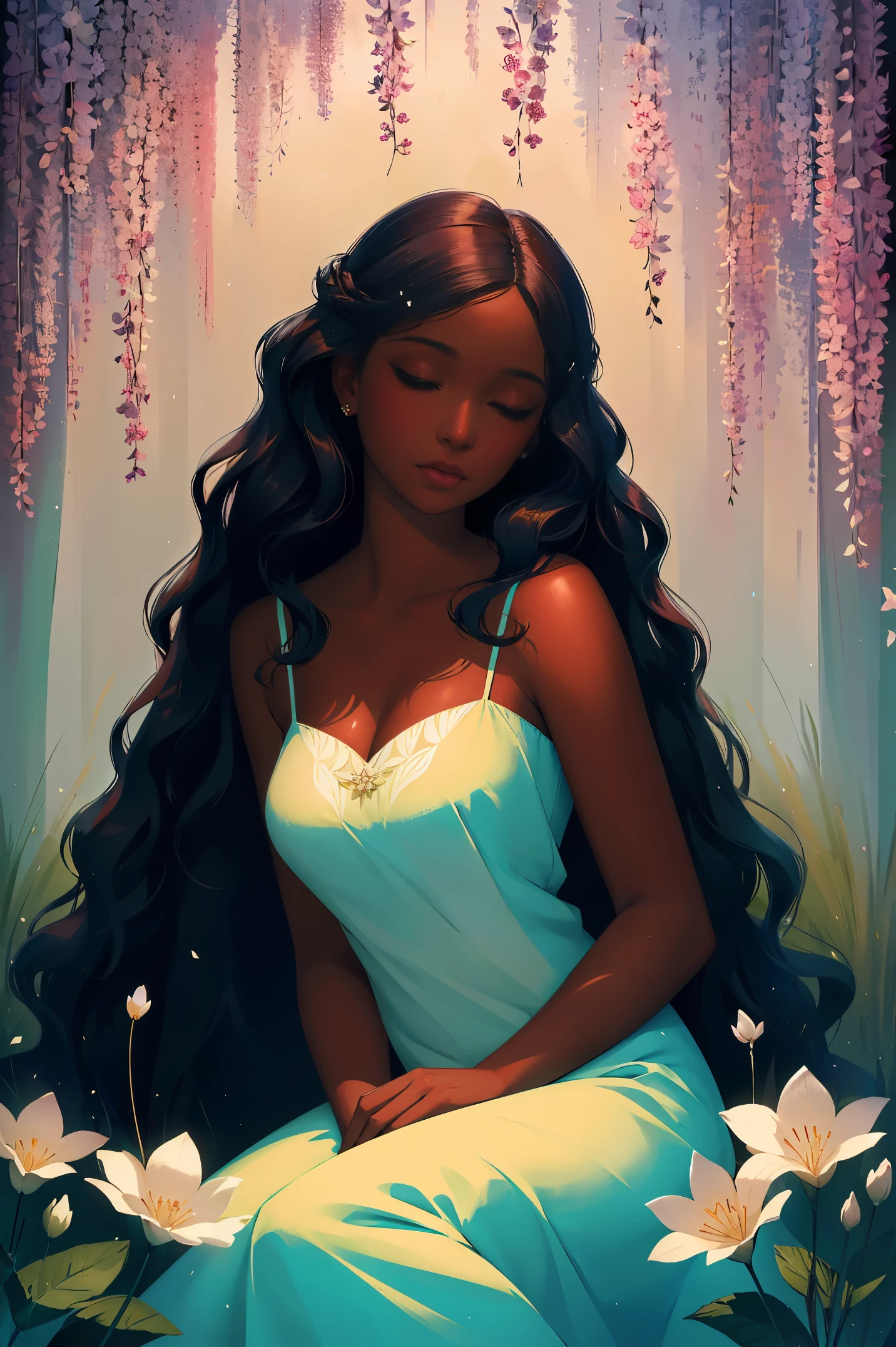The prompt for generating a stable diffusion image with the theme "A black girl in a peaceful garden" can be:

"(best quality, high-resolution, illustration:1.2), long eyelashes, rich ebony skin, peaceful garden, soft lighting, dreamy atmosphere, magical world, intricate details, gentle smile, summer breeze, cheerful ambiance, dewy skin, wavy hair, flowing attire, blooming flowers, joyful notes, natural portrait, play of light and shadow, serene soul, elegant pose, subtle expression, enchanting eyes, captivating smile, flawless makeup, mysterious flowers, exquisite patterns, horizontal scrolling, tranquil ambiance"