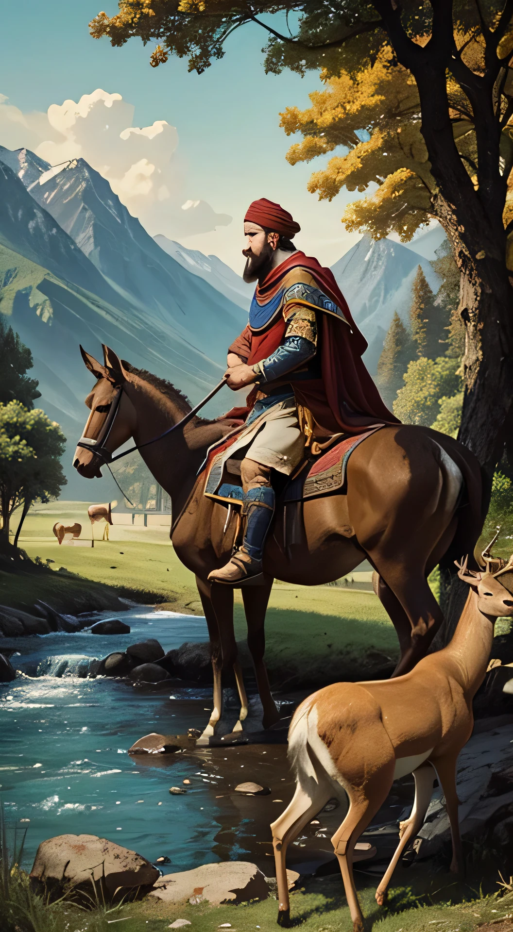 one sultan, marco polo, adventurer,13th century, epic , bright background, watching a deer, near a river, in forest