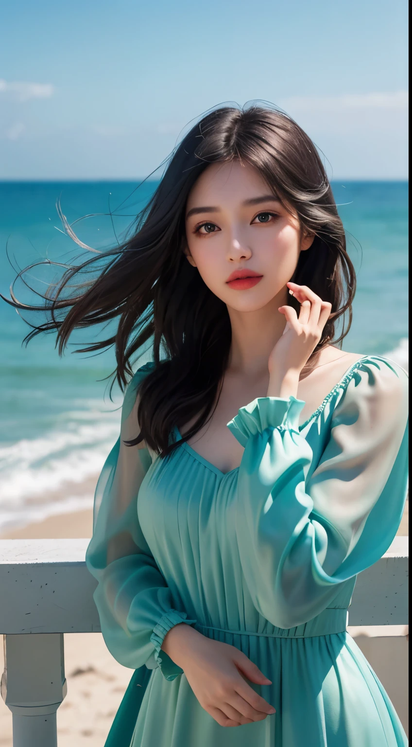 (master piece:1.2), best quality, High resolution, unity 8k wallpaper, (illustrinio:1.0), beiniful detailed eye:, highly detailed face, perfect lighting, Highly detailed CG, 1 girl, black_eye, black_hair, green_background, green_null, Day々, cparted lips, length_hair, looking for_in_viewer, nose, Ocean, exterior, photorealistic, realistic, red_lips, Skynull, solo, upper_body,Ruffled Sleeve Dresses,run, Wind, Her expressive eye twinkled with secret,Medium shot scene,romantic inmoshere,