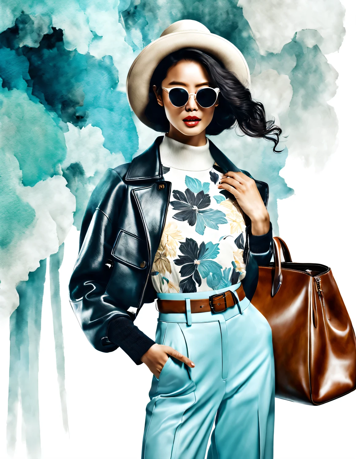 (Modern art dance simple poster design), (close up), (Beautiful Chinese girl carrying high-end leather bag,), (Wearing sunglasses and a hat: 1.2), Characterized by exquisite details and layering, The pastel tones of a light blue jacket and an off-white floral sweater blend together, Black and white plaid pants also have a sharp contrast, Create an elegant and modern urban style, Wear modern and stylish winter fashion, slim waist, high nose bridge, look up姿势, sad but beautiful, slender figure, Exquisite facial features, swirling fog illustration, ink painting, black hair, Princess curly long hair, Proudly, Surrealism, contemporary art photography, action illustration, abstract expressionism, Pixar, depth of field, motion blur, backlight, Fall out, decline, look up, Sony FE General Manager, ultra high definition, masterpiece, Accuracy, textured skin, Super details, high detail, high quality, Award-winning, best quality, grade, 16k, Photographed from a bottom-up angle,