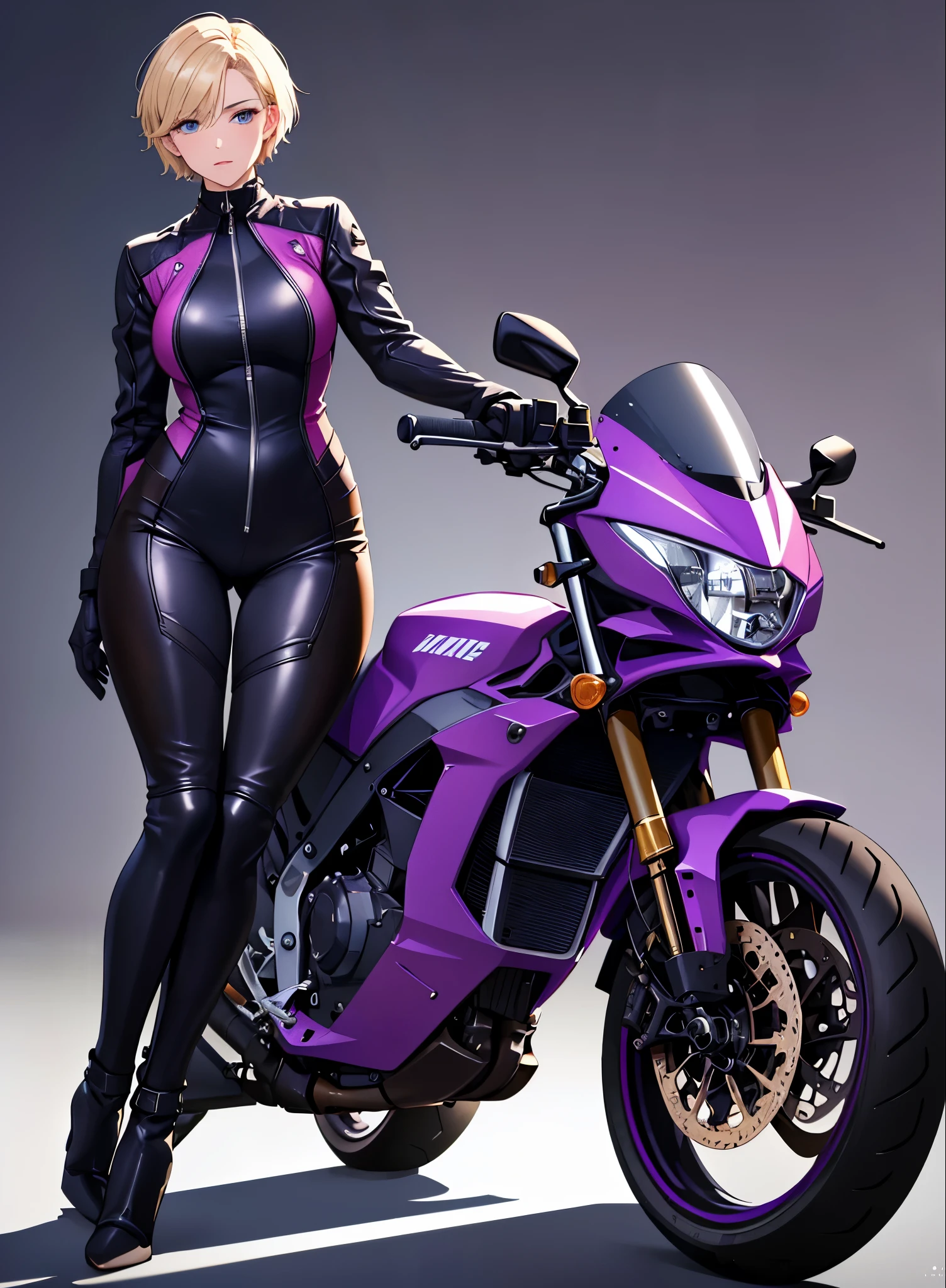 masterpiece, Best quality, young woman, short blond hair, in a dark purple tight-fitting motorcyclist suit, wearing leather gloves, in high heel boots, standing next to a black sports motorcycle