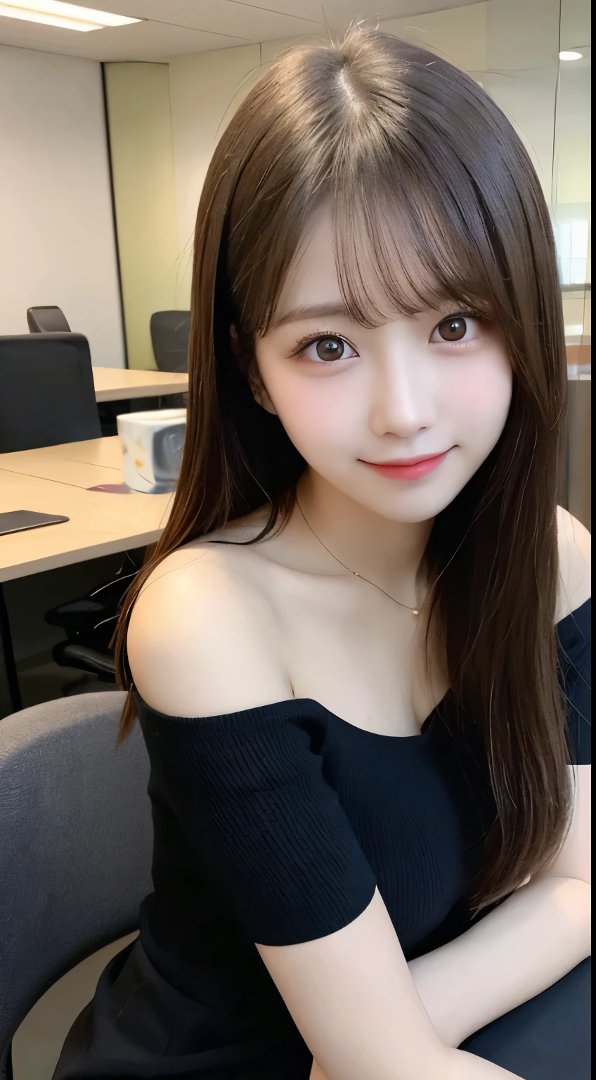 table top, highest quality, figure, super detailed, finely, High resolution, 8k wallpaper, 完璧なダイナミックな構figure, beautiful and fine eyes, off shoulder skirt、edium hair,small breasts natural color lip, bold sexy pose,smile,State-of-the-art office、20 year old girl、cute、sexy shot looking at camera、blur the background,Shoot only the face