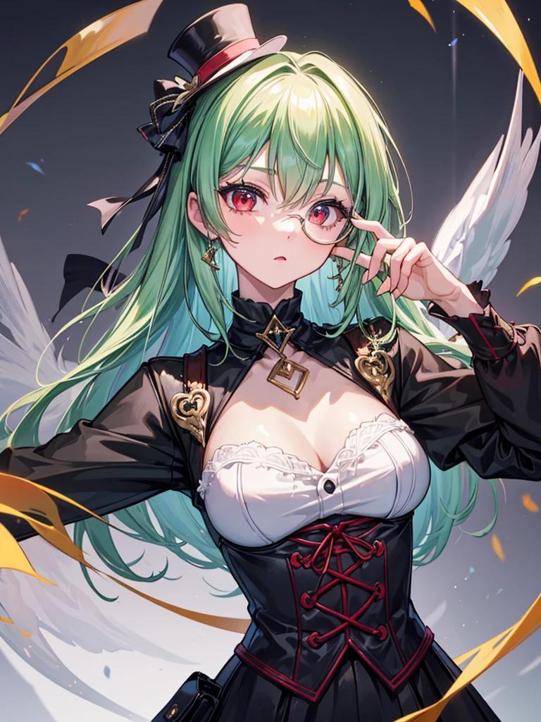 （（（masterpiece、Highest image quality、highest quality、highly detailed unity 8ｋwallpaper）））、（（Illustration of one girl））、（（（beautiful girl）））、（Emerald green hair、sidelocks：1.2、red eyes）、（（（Black top hat、Black tuxedo）））、monocle、（glasgow smile）