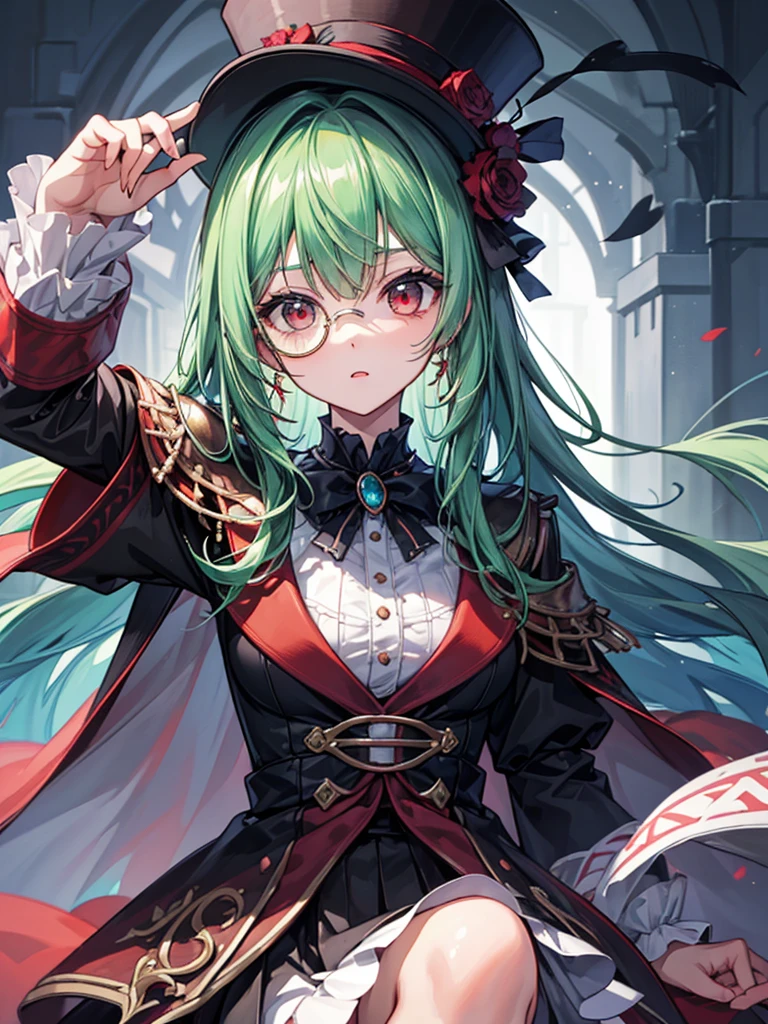 (((masterpiece、Highest image quality、highest quality、highly detailed unity 8kwallpaper)))、((Illustration of one girl))、(((beautiful girl)))、(Emerald green hair、sidelocks:1.2、red eyes)、(((Black top hat、Black tuxedo)))、monocle、(glasgow smile)