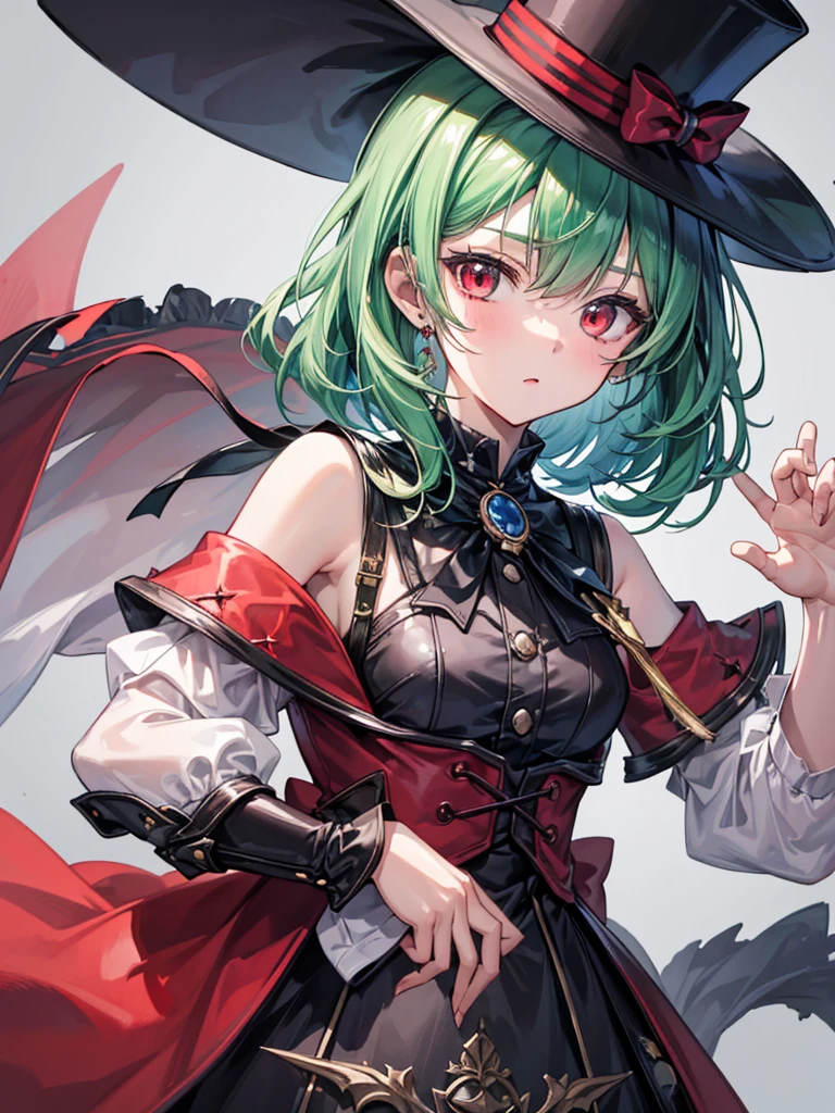 (((masterpiece、Highest image quality、highest quality、highly detailed unity 8kwallpaper)))、((Illustration of one girl))、(((beautiful girl)))、(Emerald green hair、sidelocks:1.2、red eyes)、(((Black top hat、Black tuxedo)))、monocle、(glasgow smile)