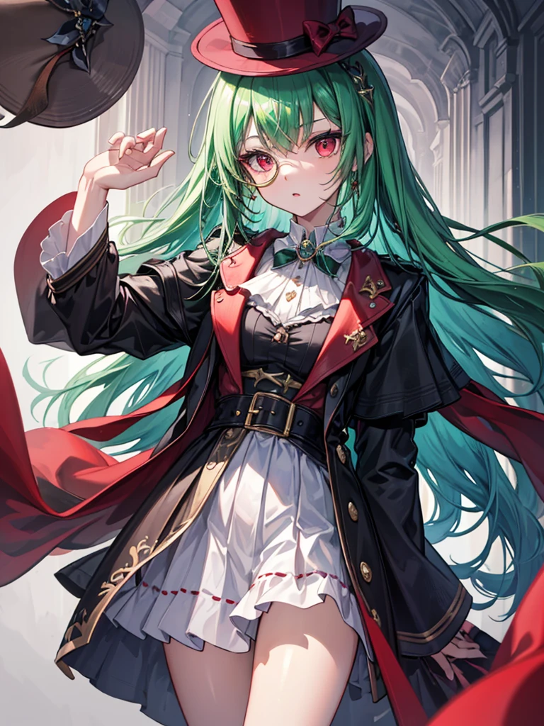 （（（masterpiece、Highest image quality、highest quality、highly detailed unity 8ｋwallpaper）））、（（Illustration of one girl））、（（（beautiful girl）））、（Emerald green hair、sidelocks：1.2、red eyes）、（（（Black top hat、tuxedo）））、monocle、（glasgow smile）