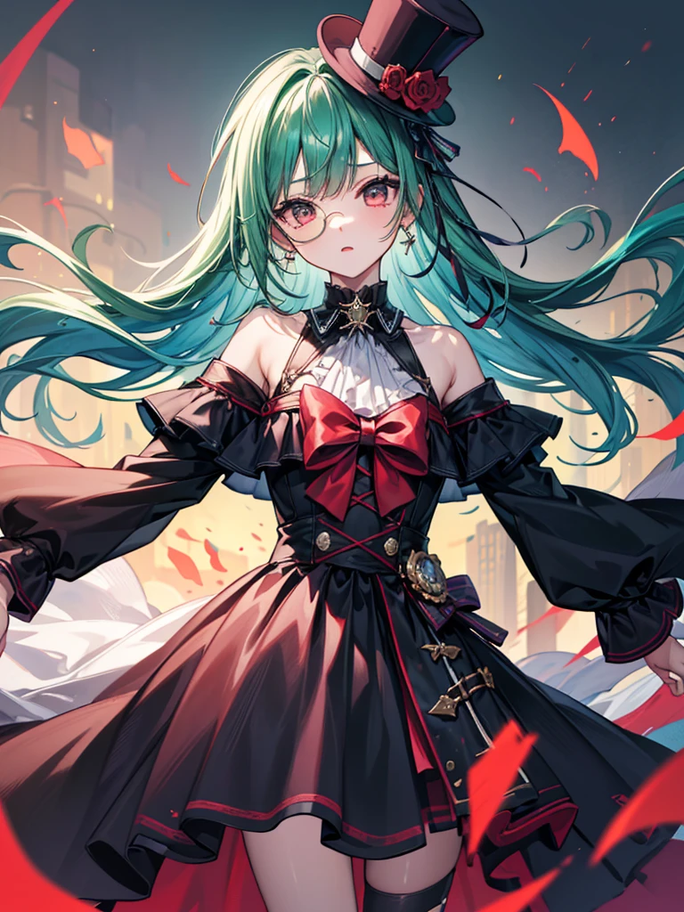 （（（masterpiece、Highest image quality、highest quality、highly detailed unity 8ｋwallpaper）））、（（Illustration of one girl））、（（（beautiful girl）））、（Emerald green hair、sidelocks：1.2、red eyes）、（（（Black top hat、tuxedo）））、monocle、（glasgow smile）