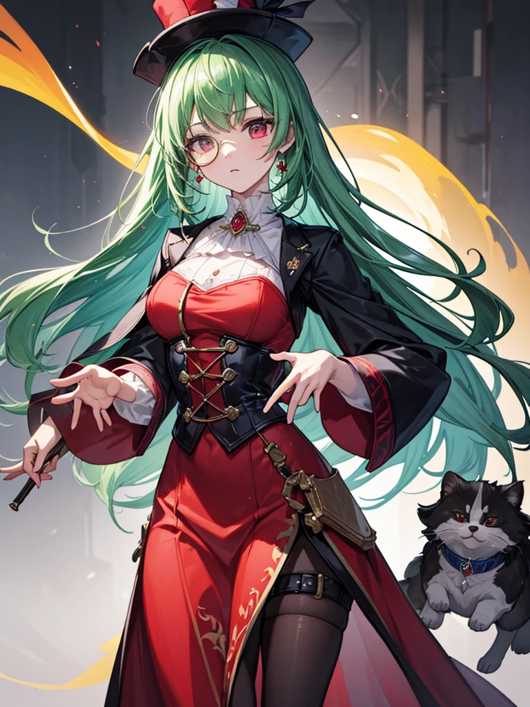 （（（masterpiece、Highest image quality、highest quality、highly detailed unity 8ｋwallpaper）））、（（Illustration of one girl））、（（（beautiful girl）））、（Emerald green hair、sidelocks：1.2、red eyes）、（（（Black top hat、tuxedo）））、monocle、（glasgow smile）